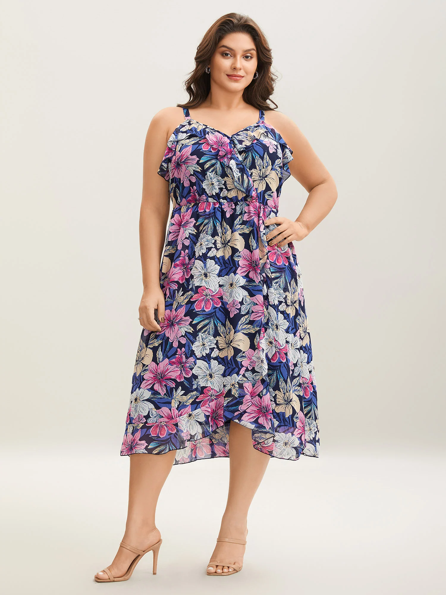 Large Flower Print Overlap Hem Midi Dress - Image 4