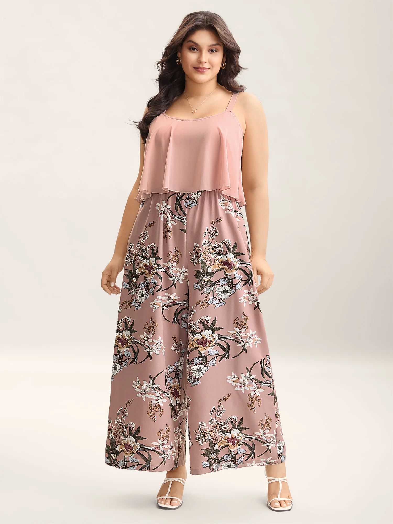 Large Flower Print Spliced Wide-Leg Jumpsuit - Image 3