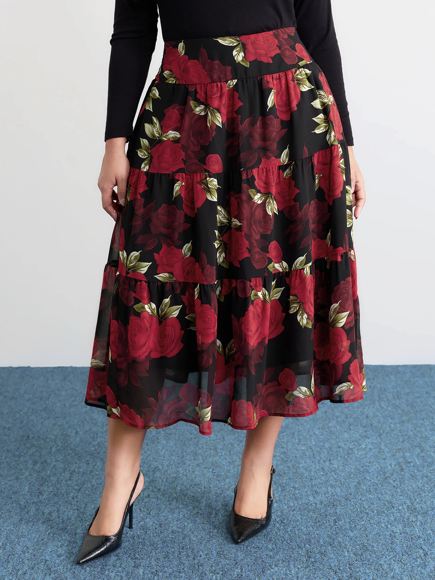 Large Flower Print Wide Waistband Midi Skirt - Image 2