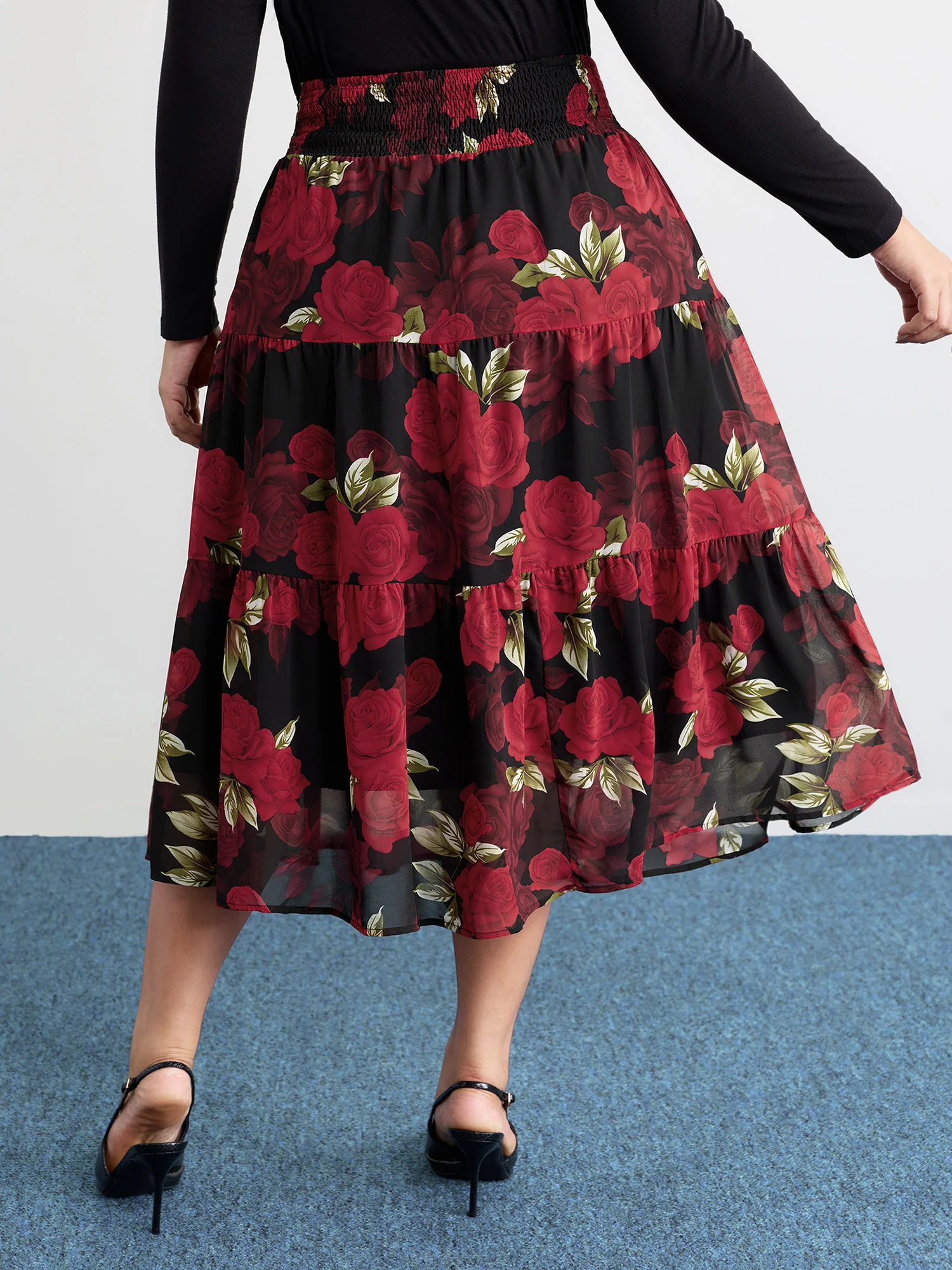 Large Flower Print Wide Waistband Midi Skirt - Image 4