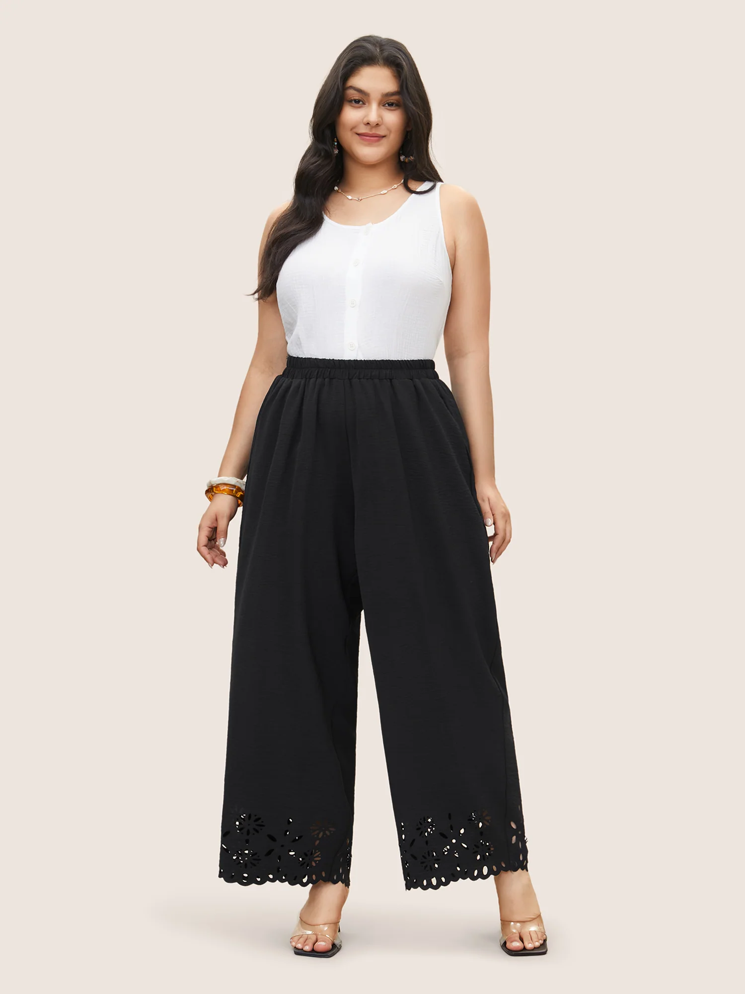 Laser Cut Elastic Waist Wide Leg Pants - Image 3