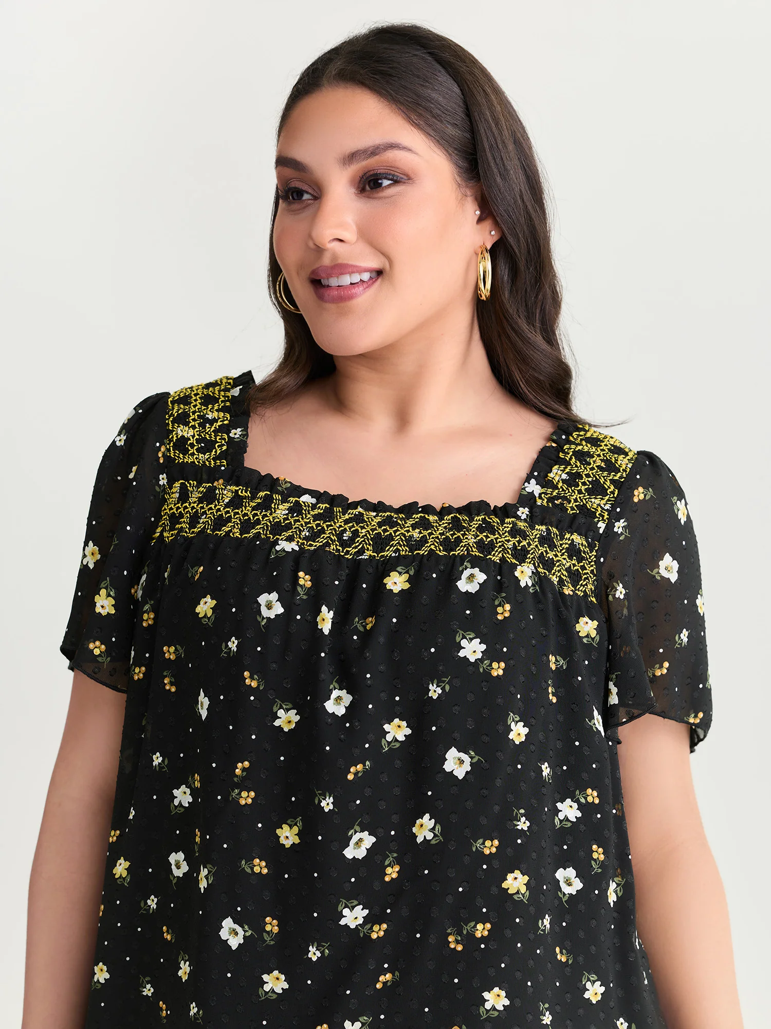 Laser Cut Floral Print Square Neckline Blouse - Image 2