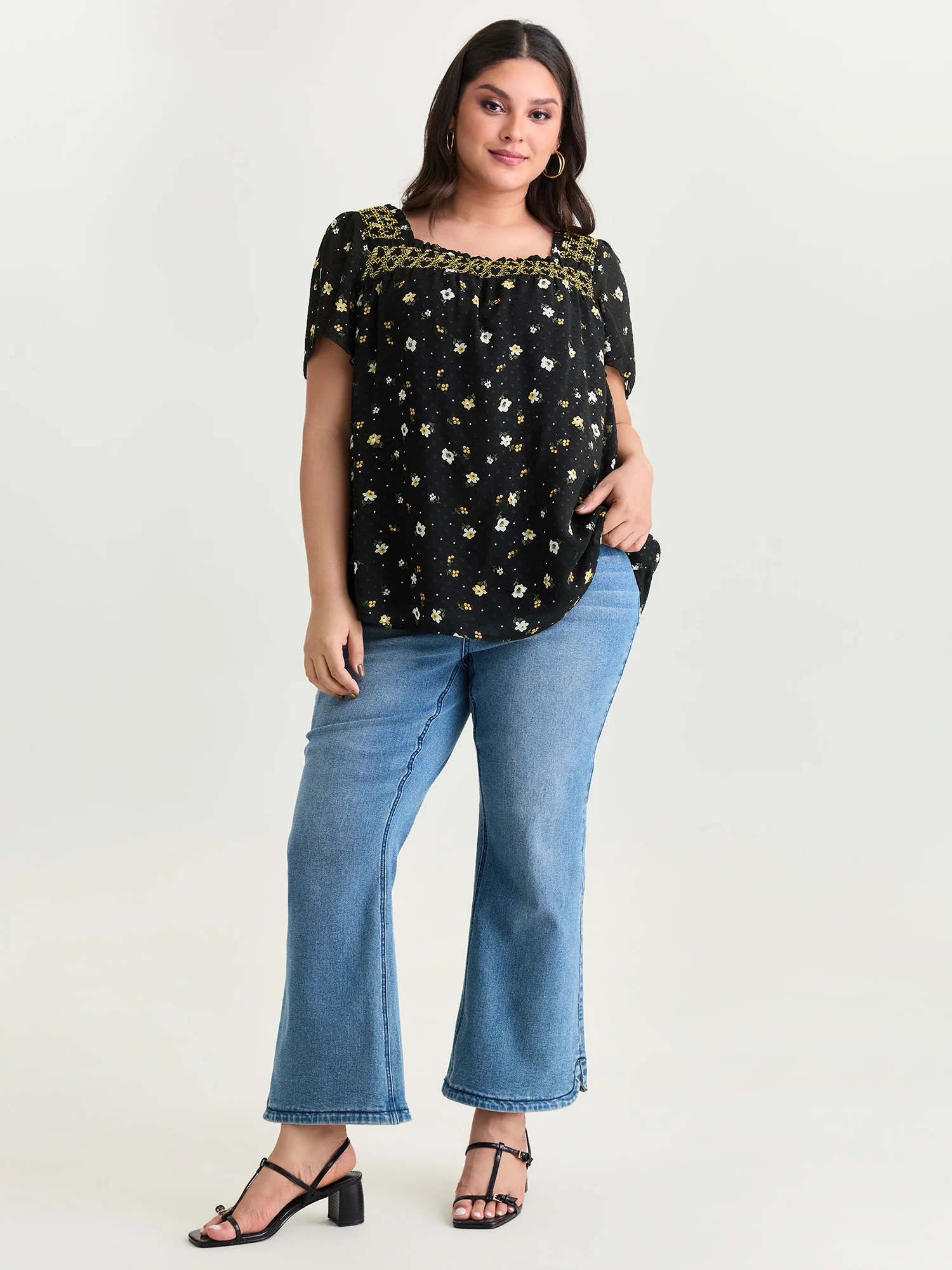 Laser Cut Floral Print Square Neckline Blouse - Image 3