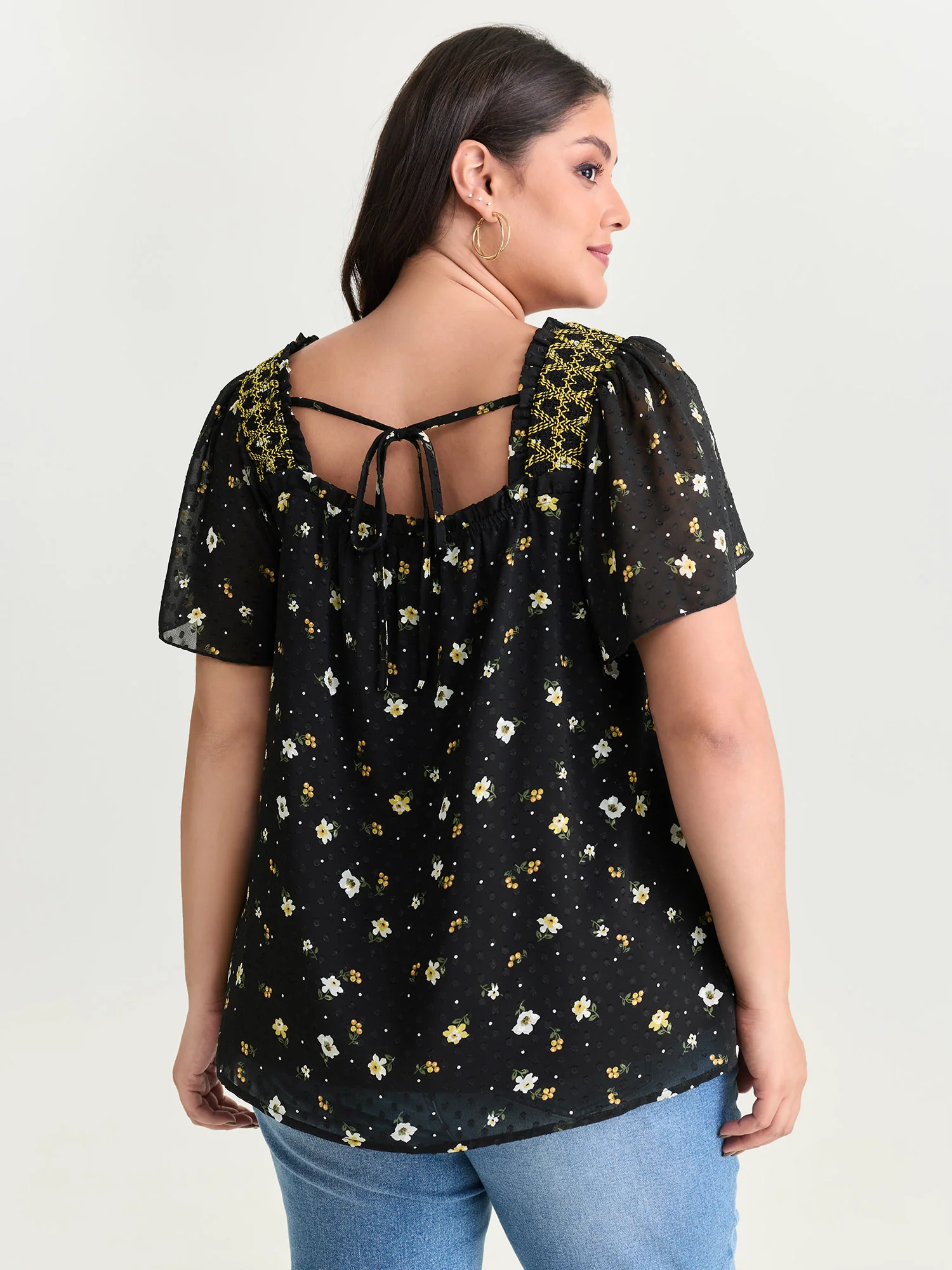 Laser Cut Floral Print Square Neckline Blouse - Image 4