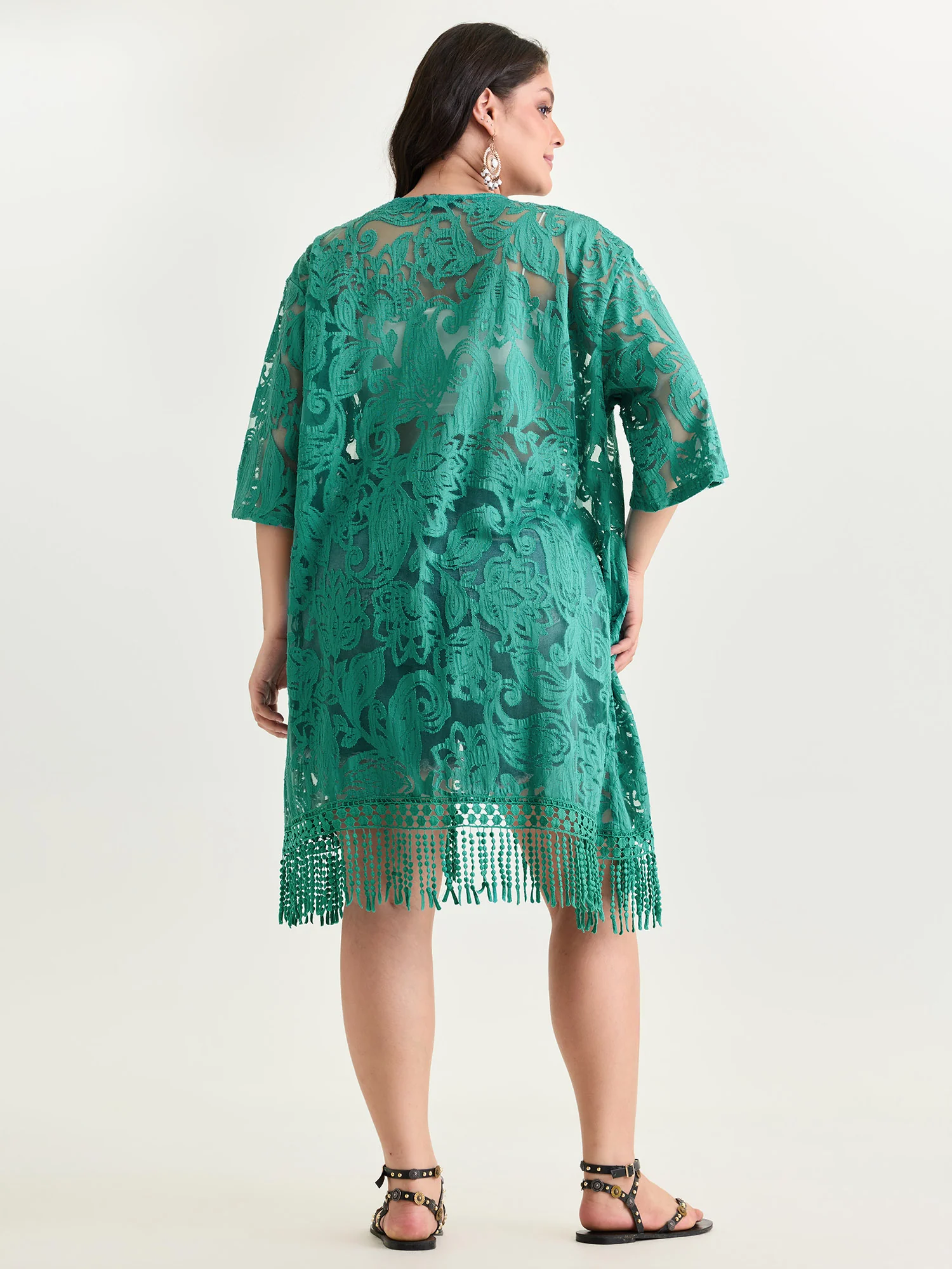 Laser Cut Floral Textured Tassel Detail Kimono - Image 3