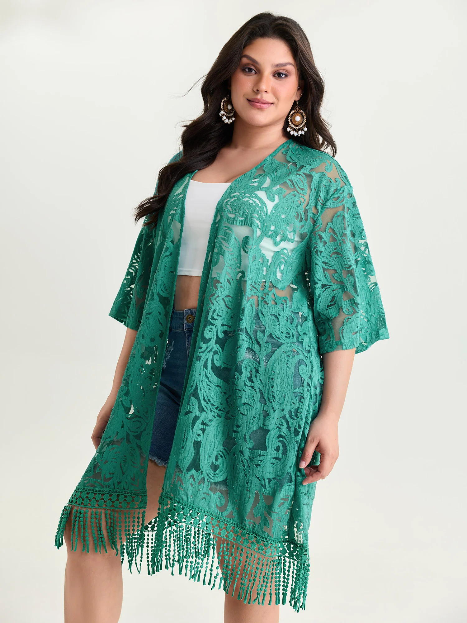 Laser Cut Floral Textured Tassel Detail Kimono - Image 4