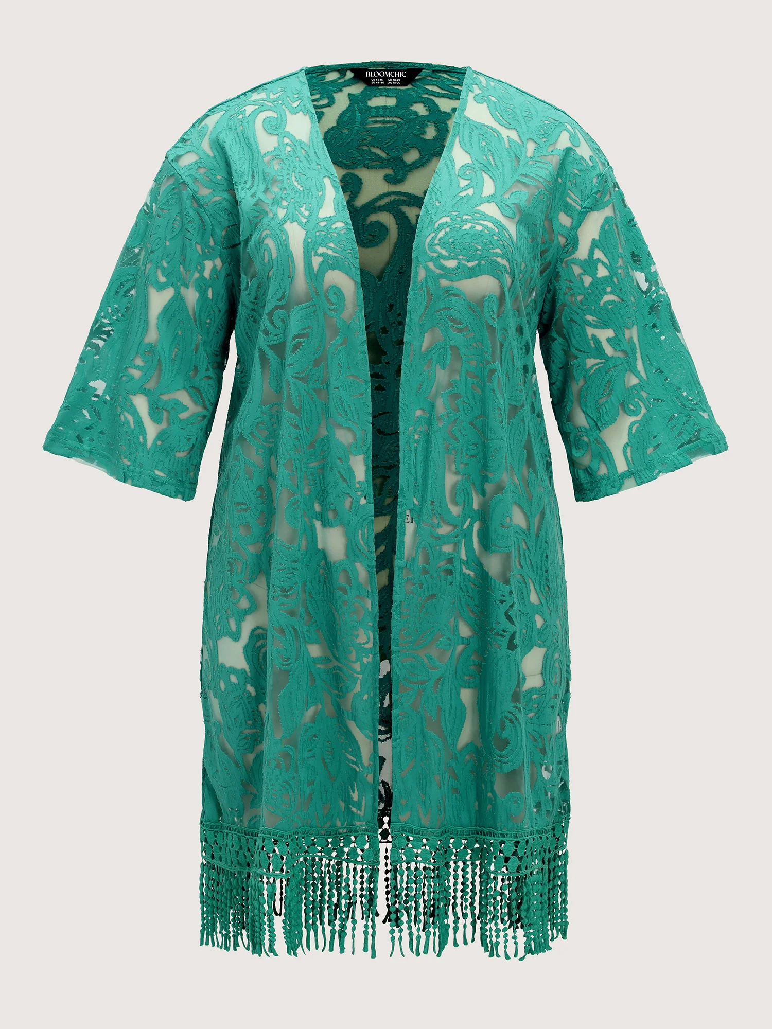 Laser Cut Floral Textured Tassel Detail Kimono - Image 7