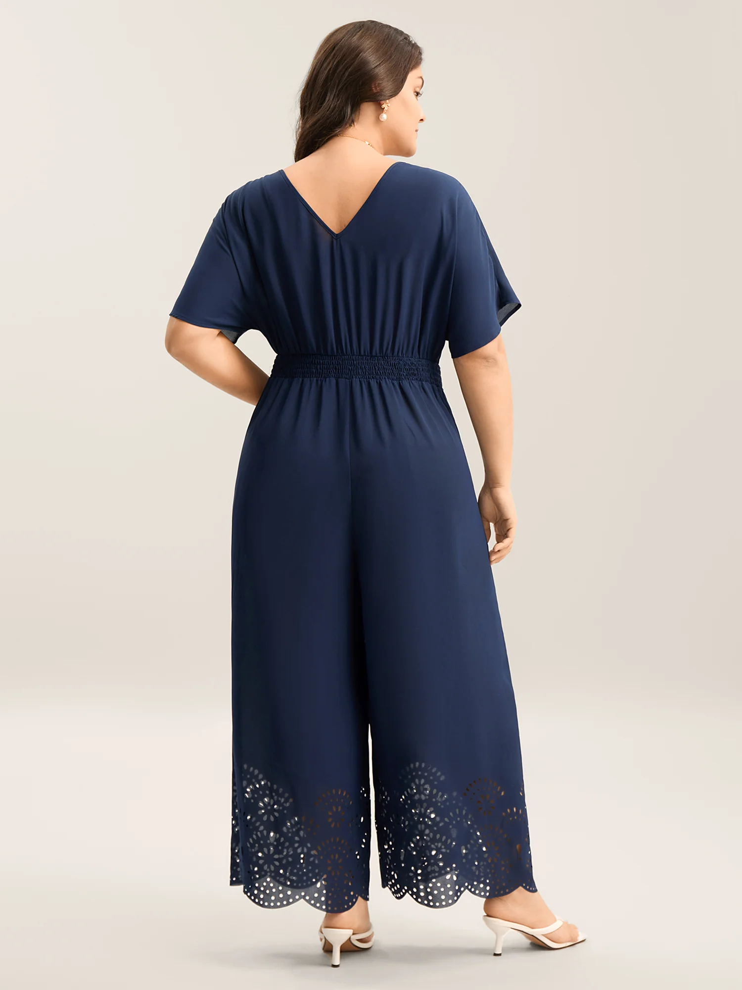 Laser-Cut Hem Shirred Wide-Leg Jumpsuit - Image 4