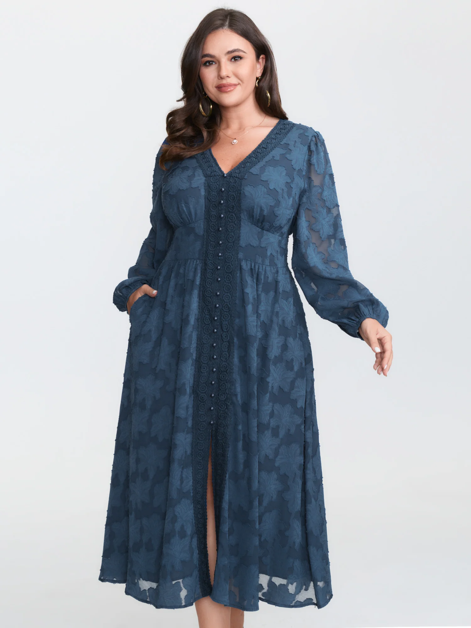 Laser Cut Lace Trim Layered Pockets Midi Dress - Image 2