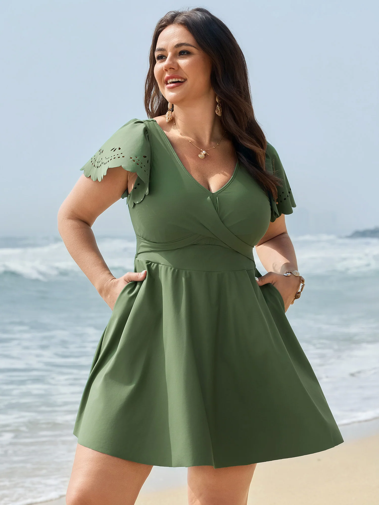 Laser Cut Ruffled Sleeve Swim Dress - Image 2