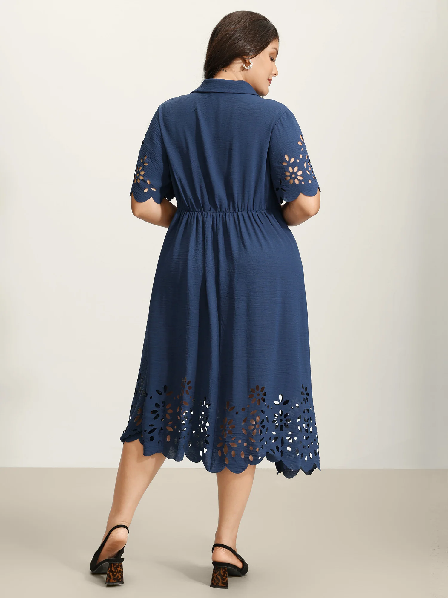 Laser Cut Scalloped Hem Waist-Tie Midi Dress - Image 5