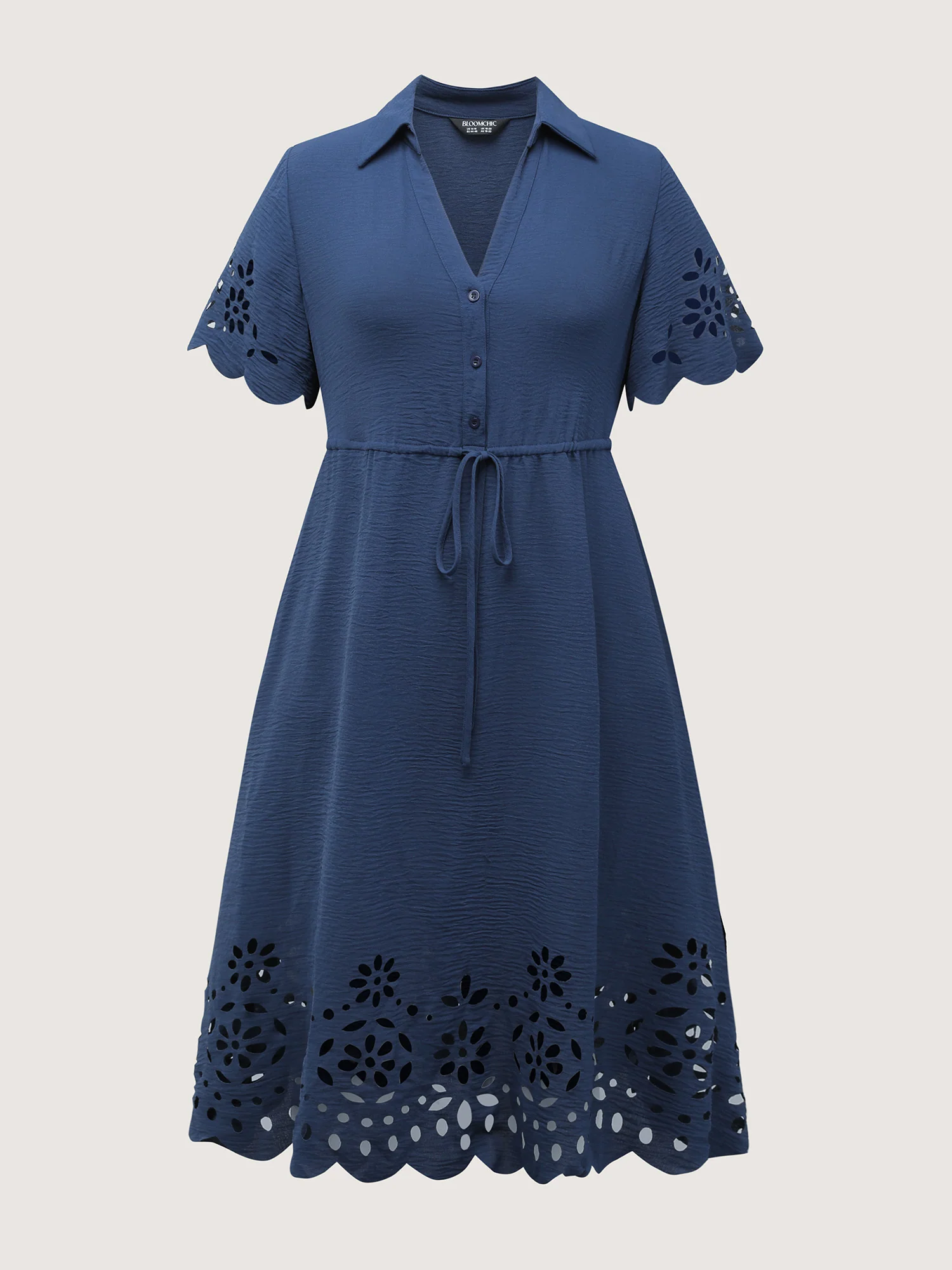 Laser Cut Scalloped Hem Waist-Tie Midi Dress - Image 8