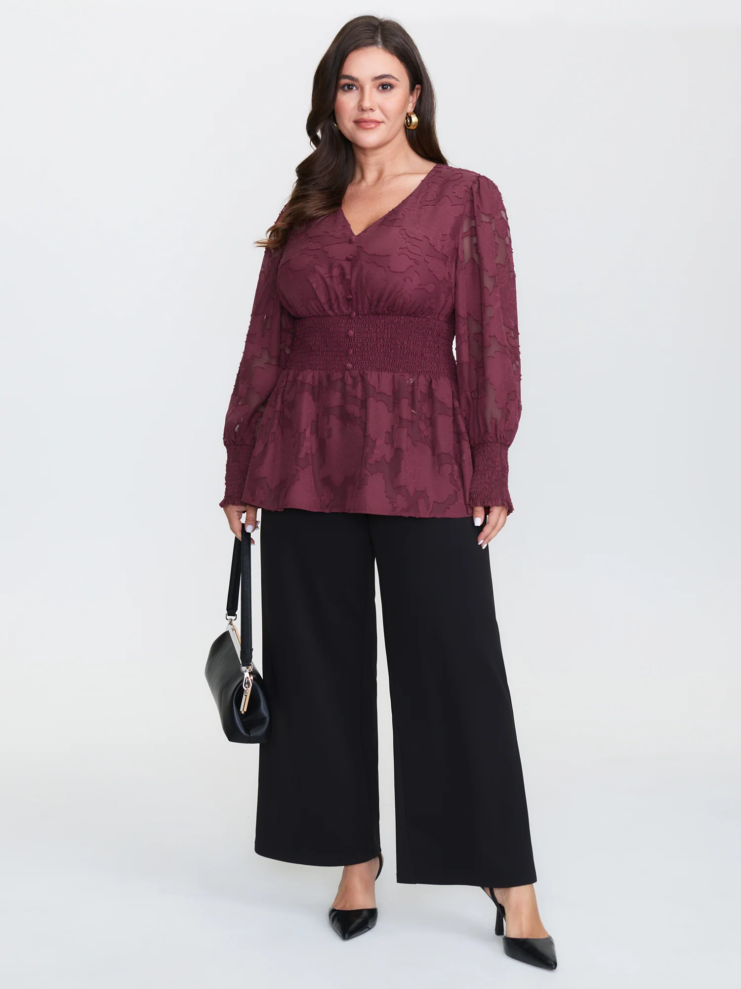 Laser Cut Shirred Waist Button Blouse - Image 2