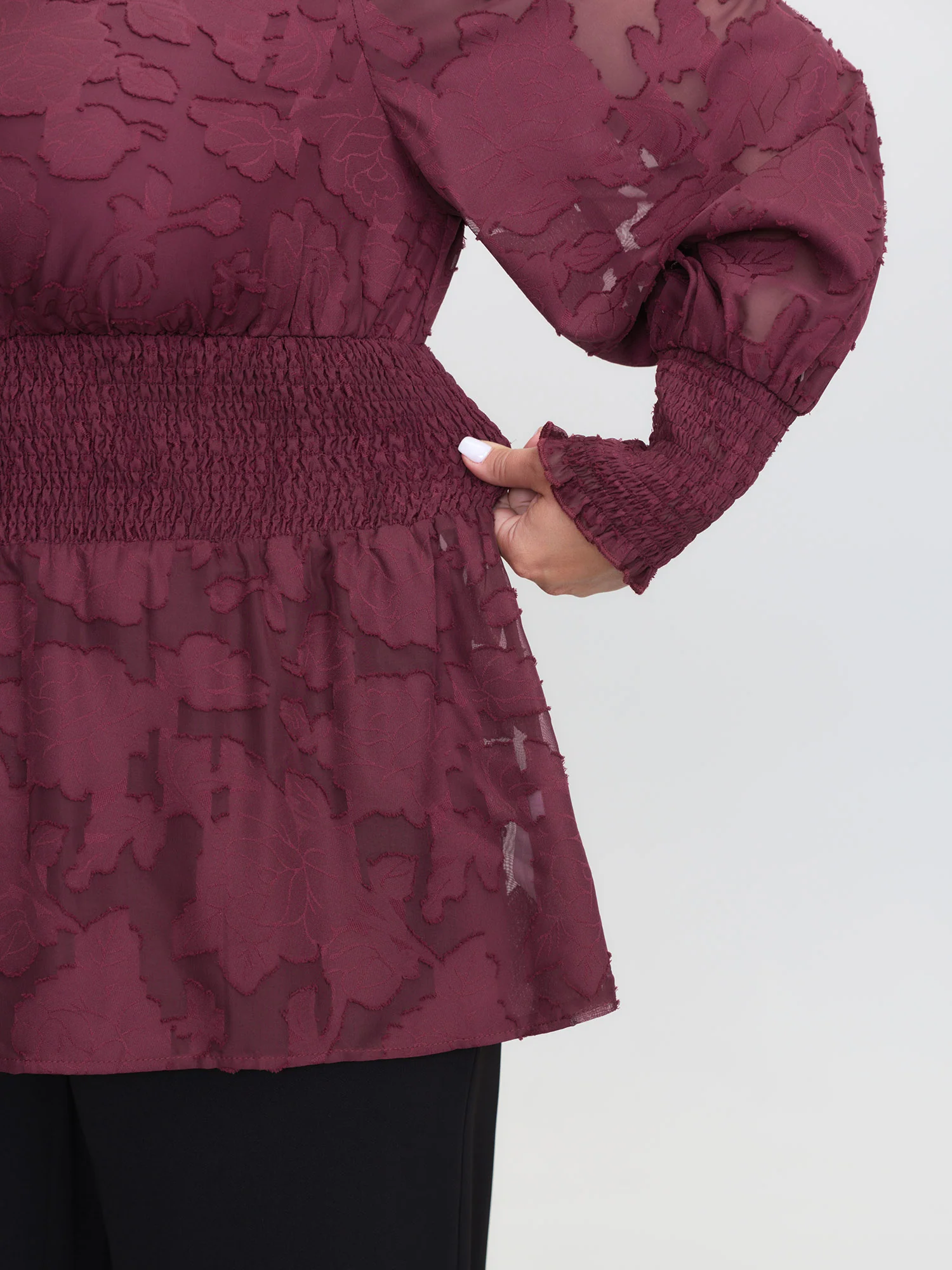 Laser Cut Shirred Waist Button Blouse - Image 3