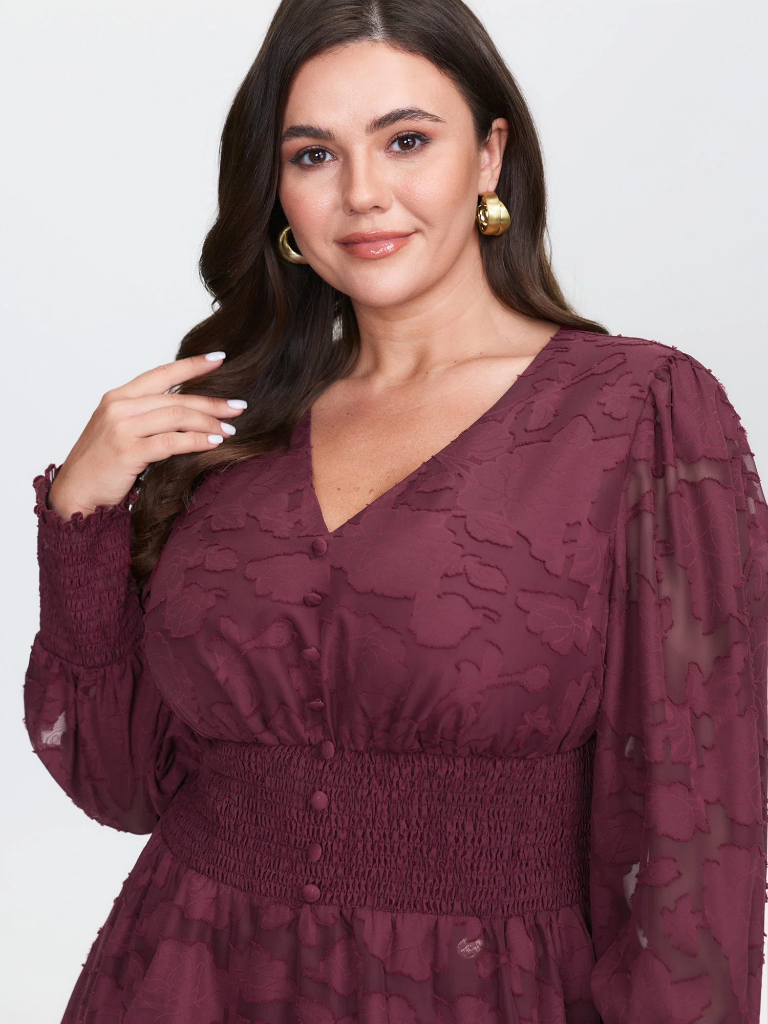 Laser Cut Shirred Waist Button Blouse - Image 4
