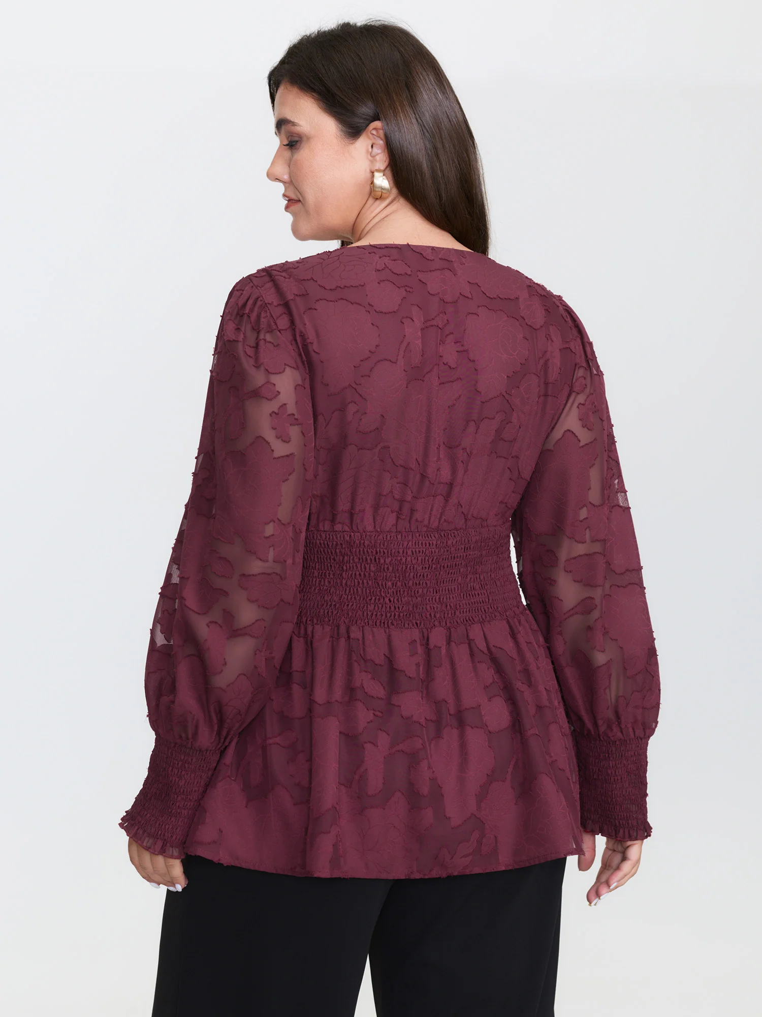 Laser Cut Shirred Waist Button Blouse - Image 5