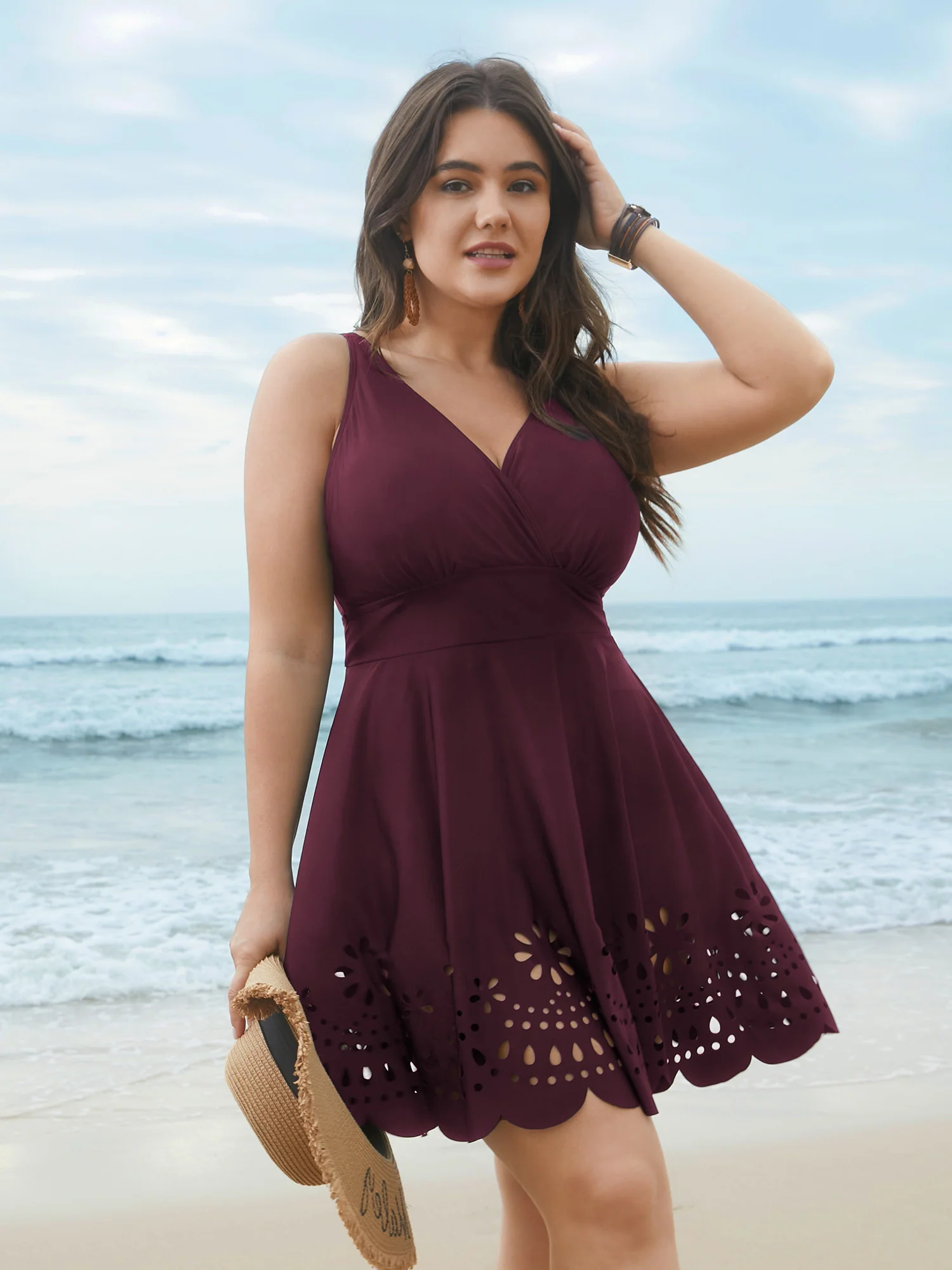 Laser Cut Surplice Neck Waist-Cinched Swim Dress - Image 10