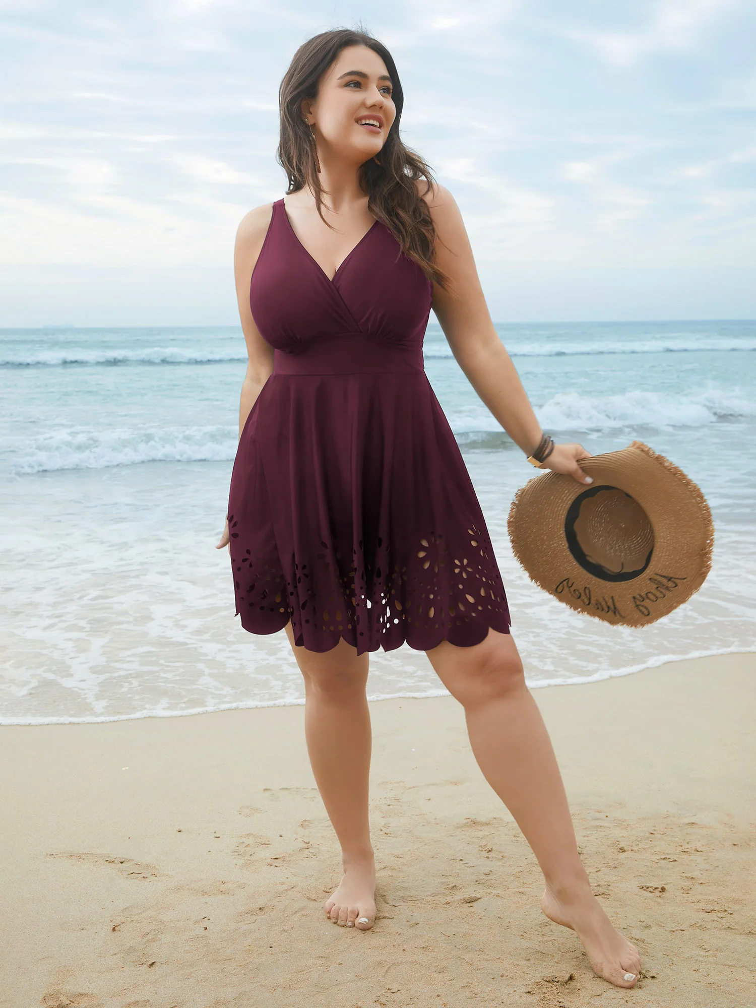 Laser Cut Surplice Neck Waist-Cinched Swim Dress - Image 11