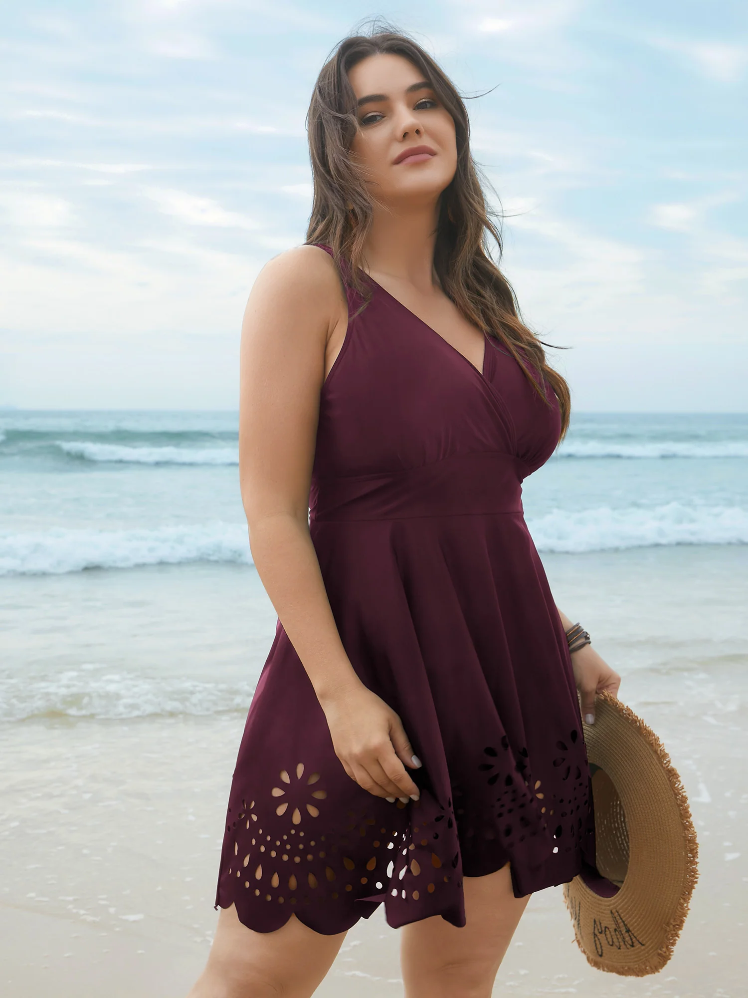 Laser Cut Surplice Neck Waist-Cinched Swim Dress - Image 12