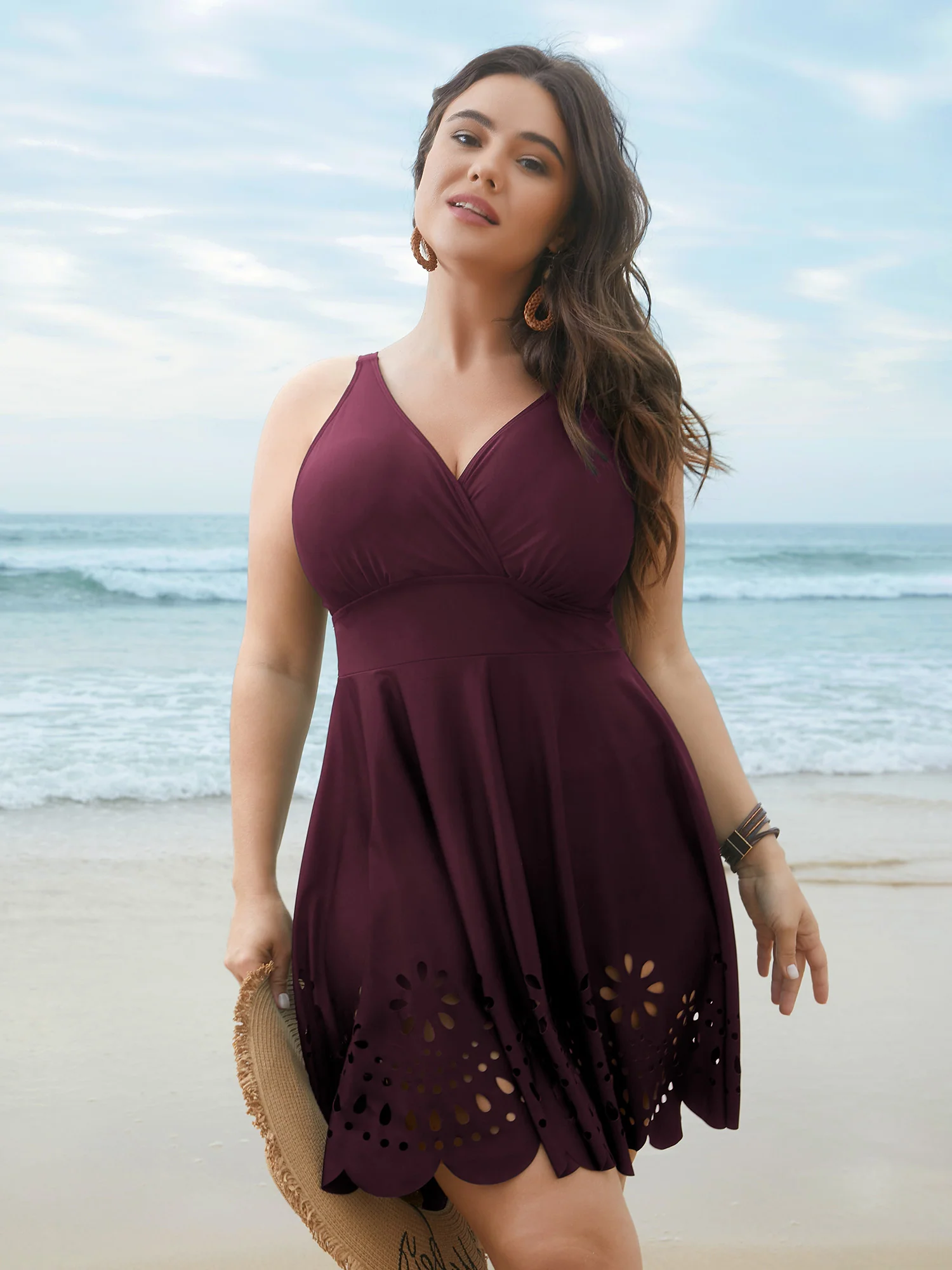 Laser Cut Surplice Neck Waist-Cinched Swim Dress - Image 13