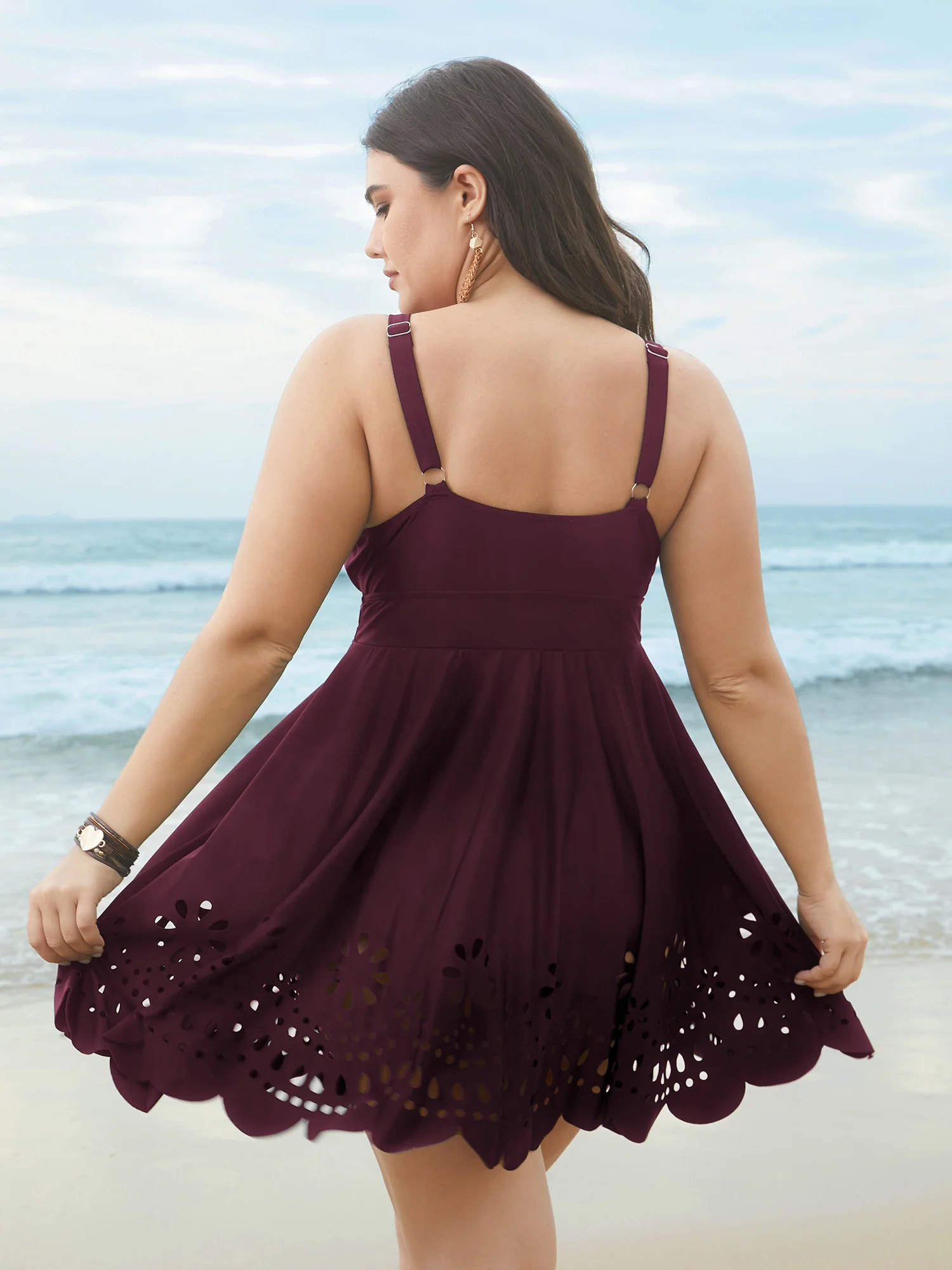 Laser Cut Surplice Neck Waist-Cinched Swim Dress - Image 14