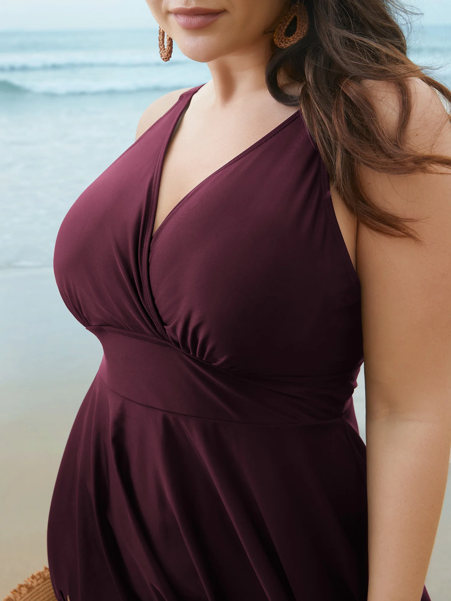 Laser Cut Surplice Neck Waist-Cinched Swim Dress - Image 15