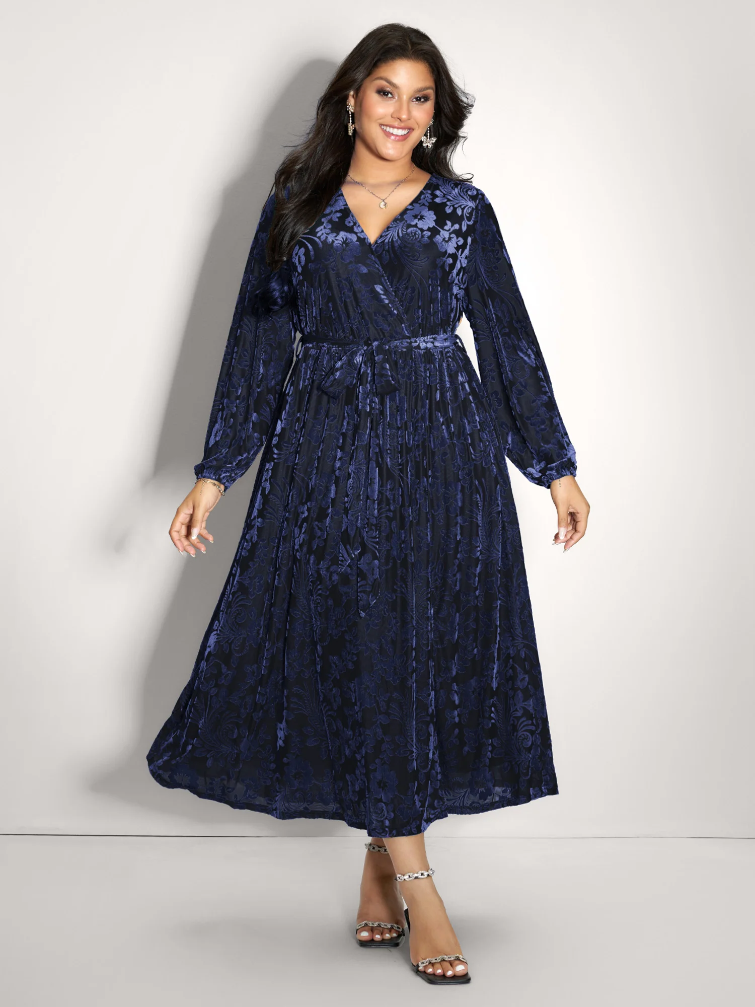 Laser-Cut Velvet Waist-Tie Maxi Dress - Image 10