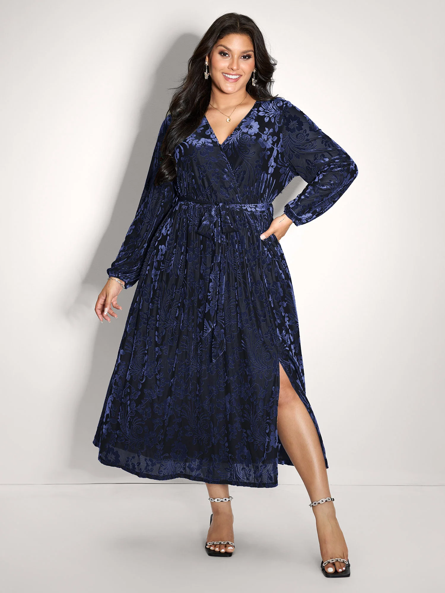 Laser-Cut Velvet Waist-Tie Maxi Dress - Image 8