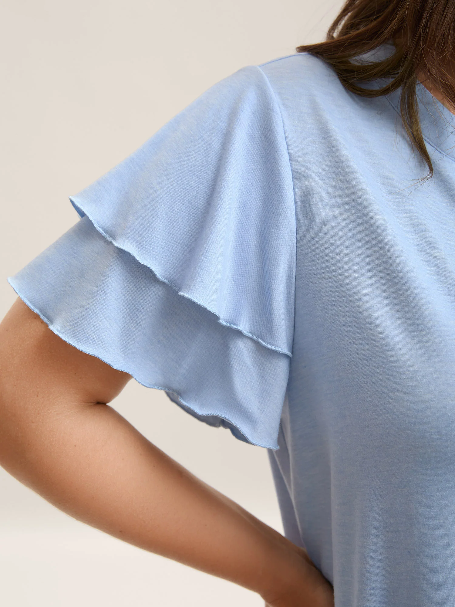 Layered Lotus Leaf Sleeve Plain T-Shirt - Image 2