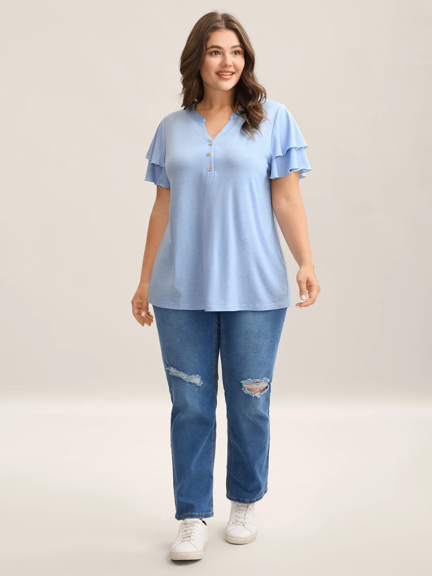 Layered Lotus Leaf Sleeve Plain T-Shirt - Image 3