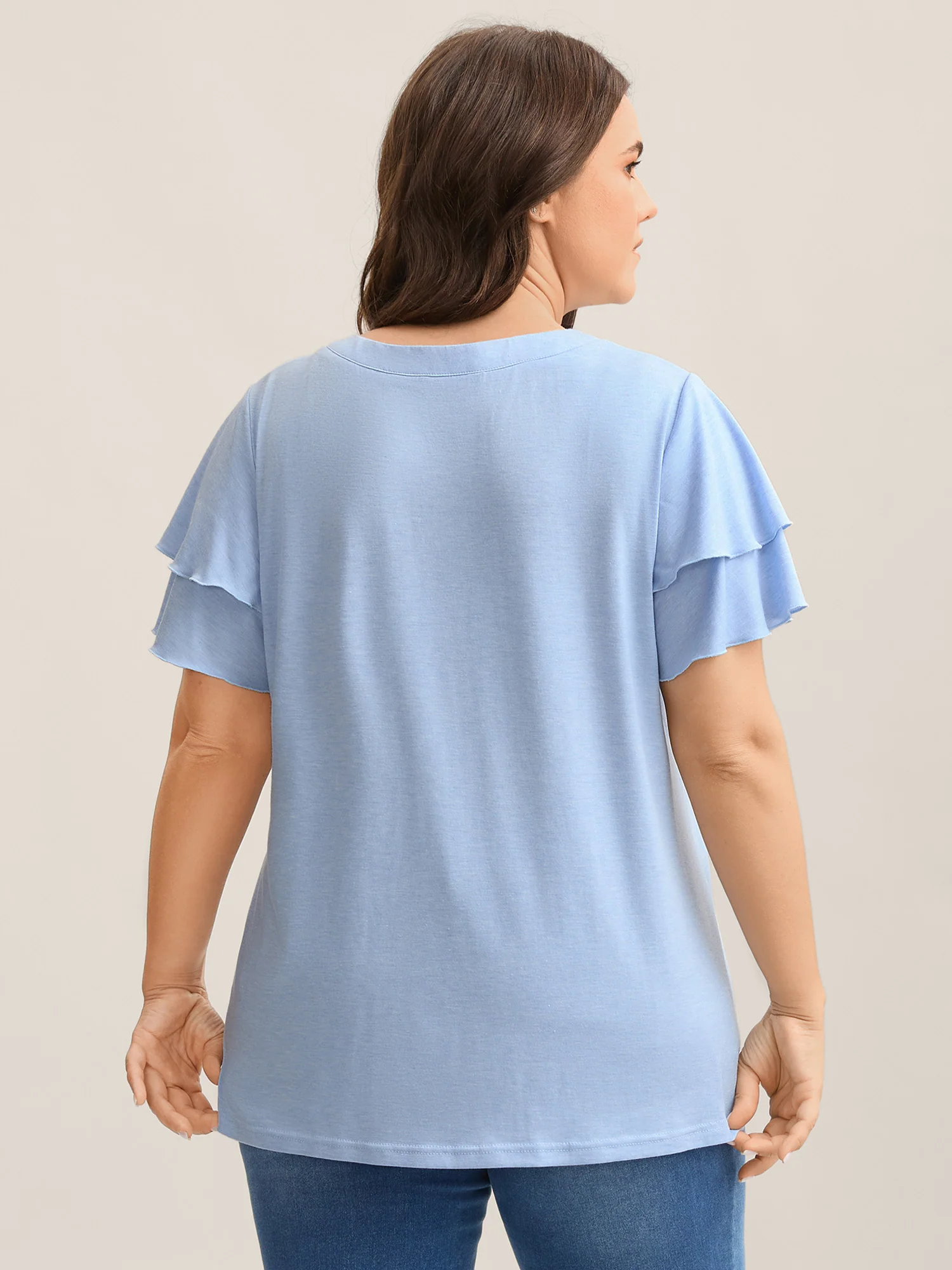 Layered Lotus Leaf Sleeve Plain T-Shirt - Image 4