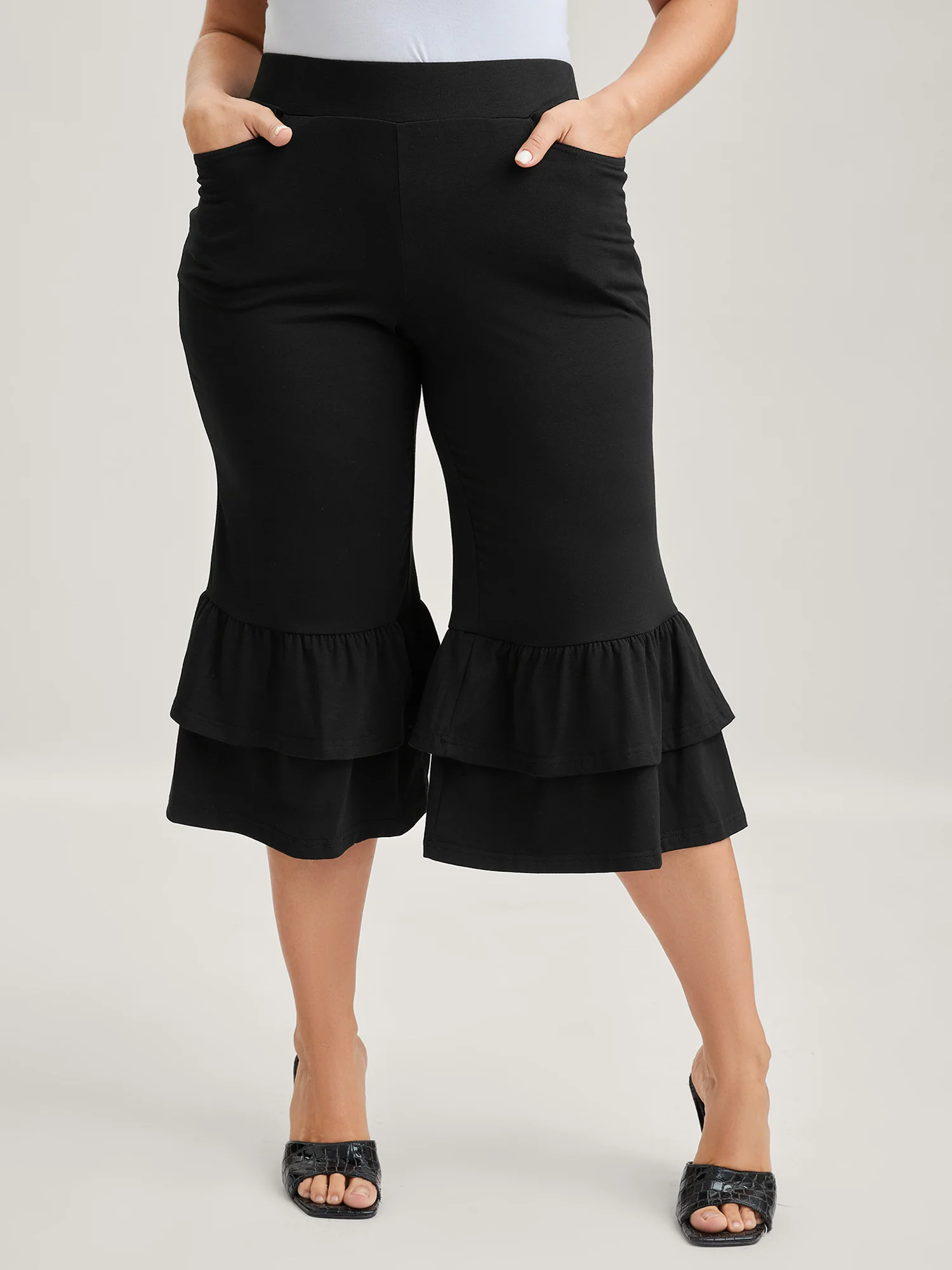 Layered Ruffled Flare Hem Capri Pants