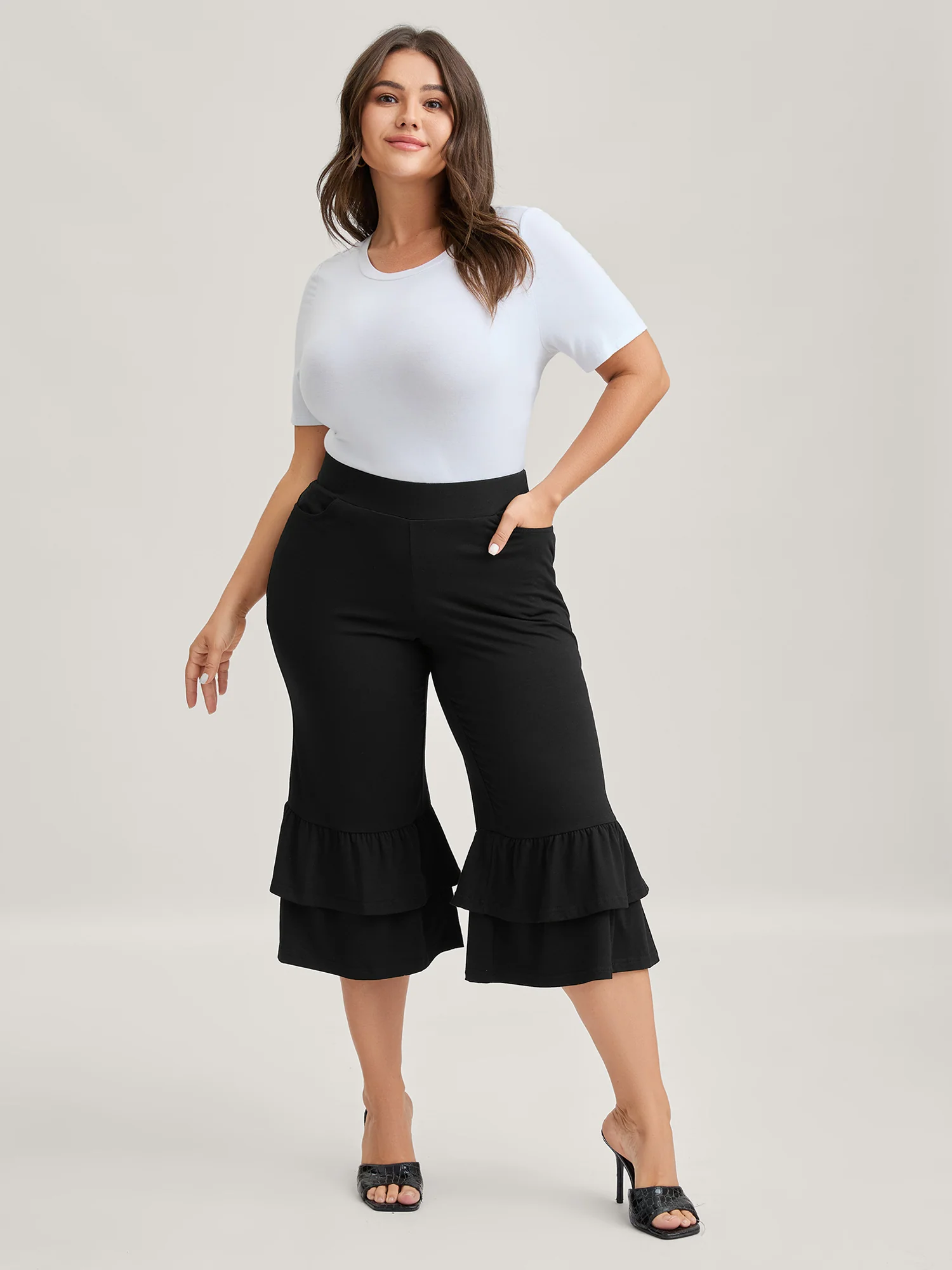 Layered Ruffled Flare Hem Capri Pants - Image 2