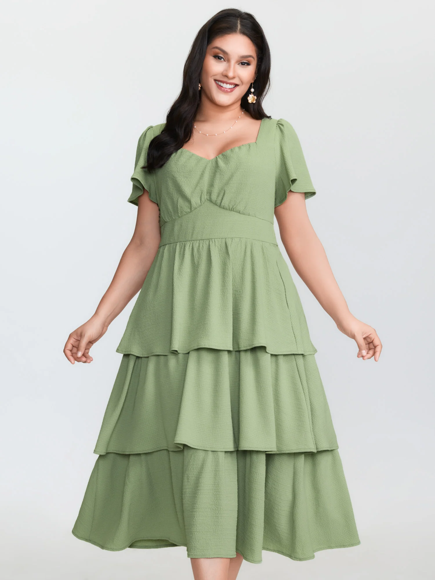 Layered Triangular Waist Shirred Midi Dress