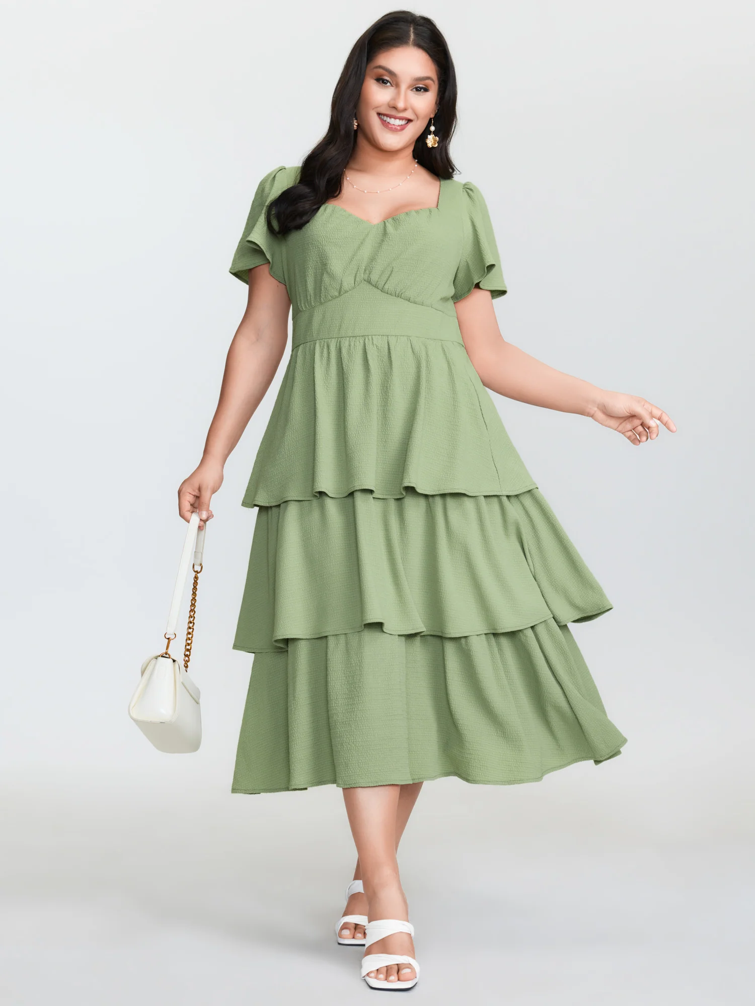 Layered Triangular Waist Shirred Midi Dress - Image 3