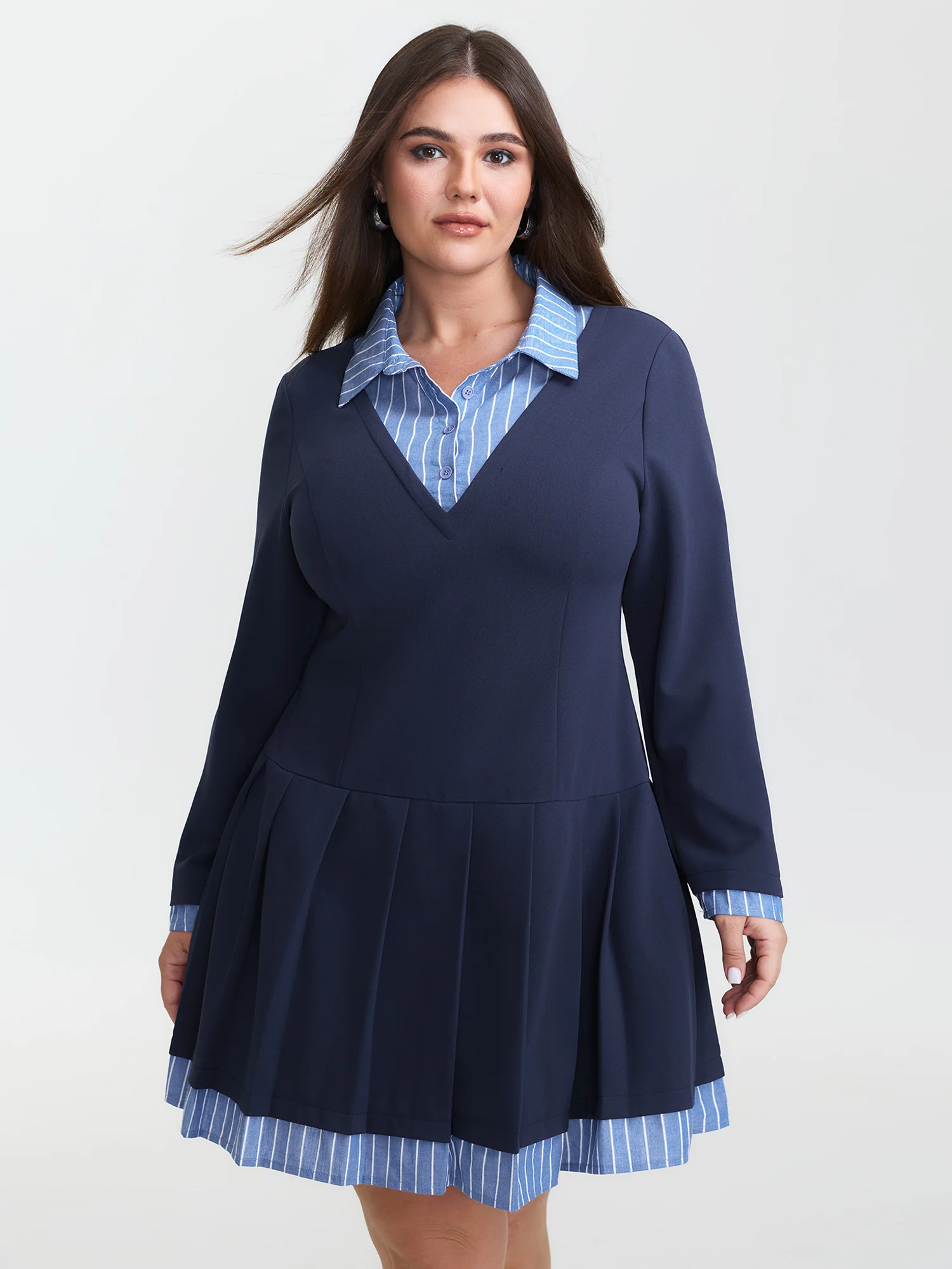 Layered Waist-Defining Pleated Knee-Length Dress - Image 3