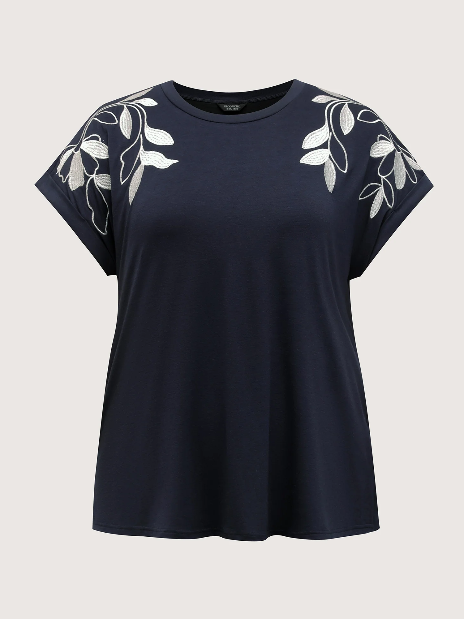 Leaf Embroidery Round Neck Split T-Shirt - Image 7