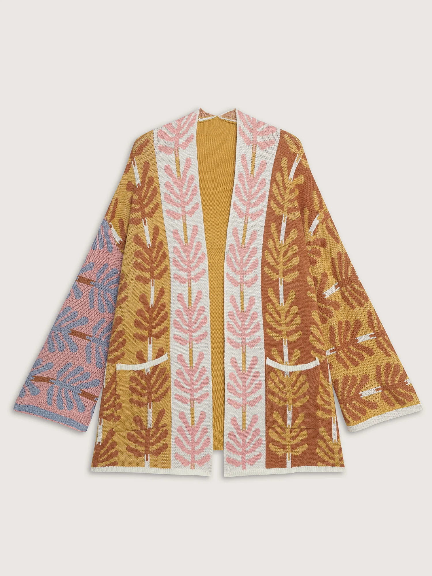 Leaf Jacquard Print Contrast Knit Cardigan - Image 8