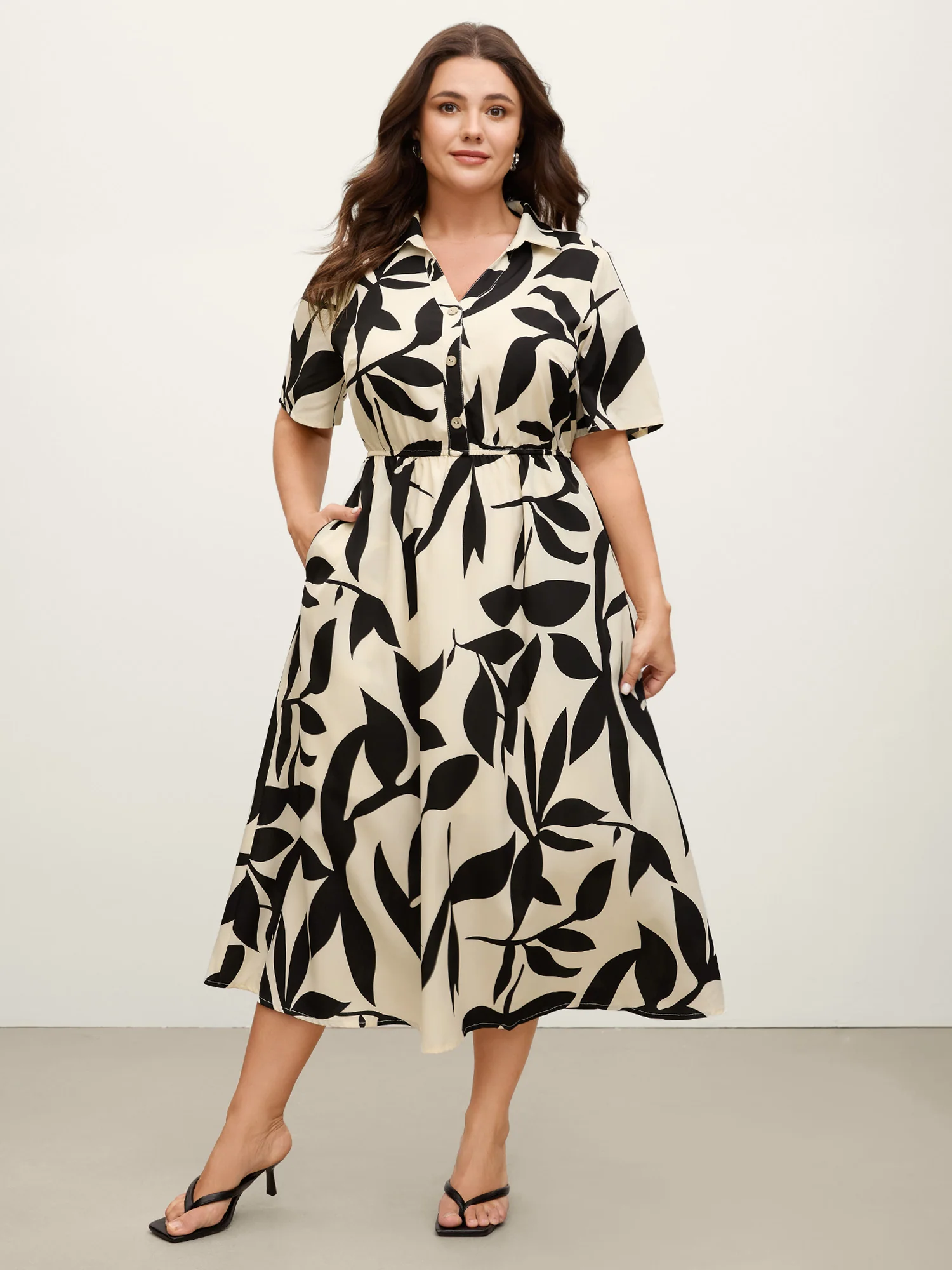 Leaf Print Buttons Waist-Defining Midi Dress - Image 2