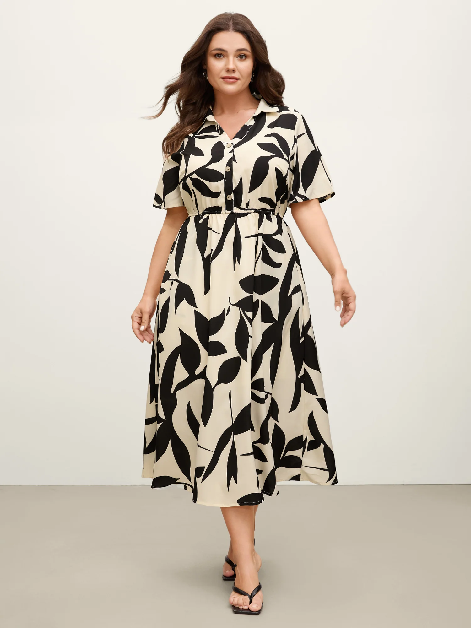 Leaf Print Buttons Waist-Defining Midi Dress - Image 3