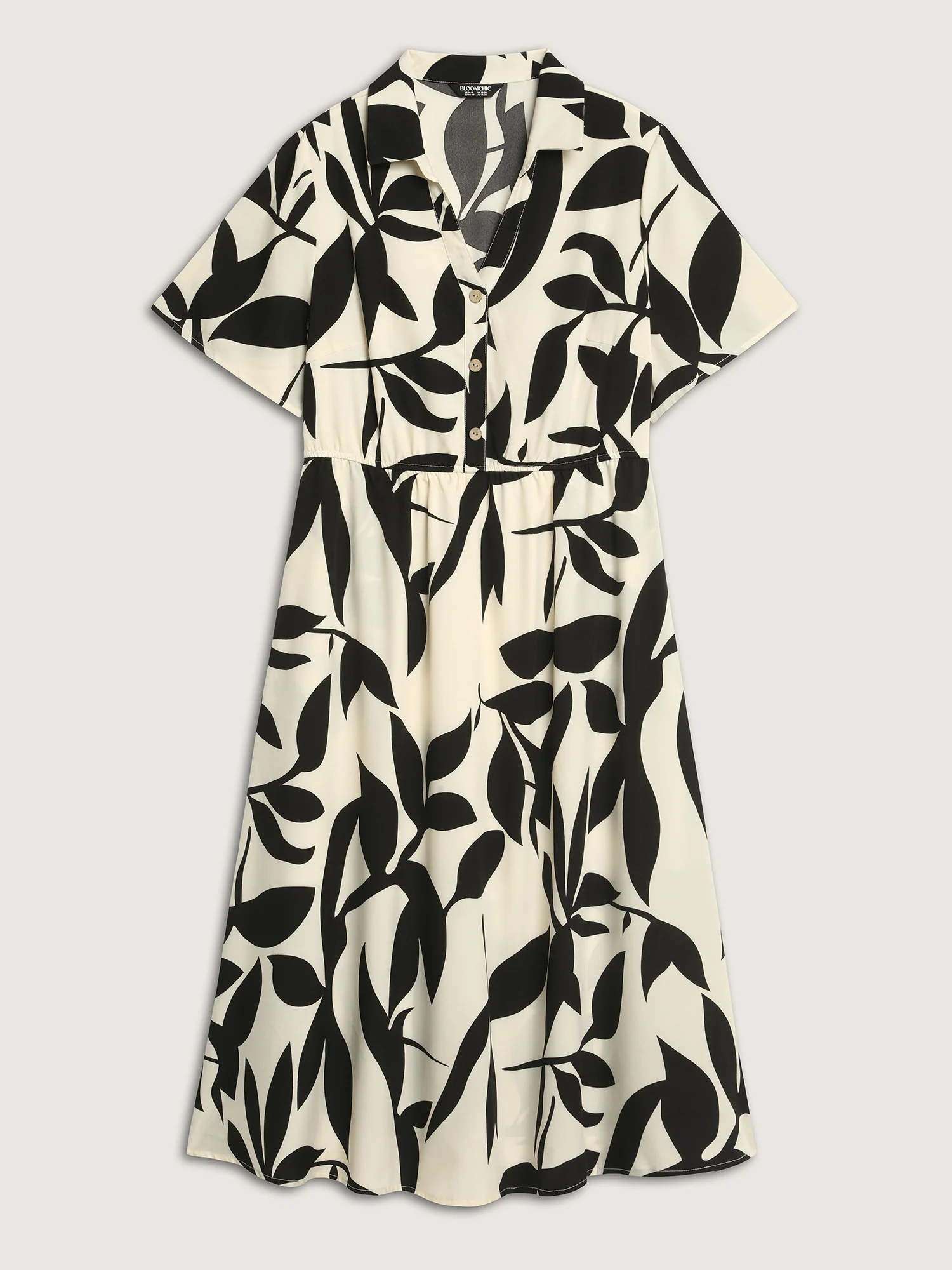 Leaf Print Buttons Waist-Defining Midi Dress - Image 6