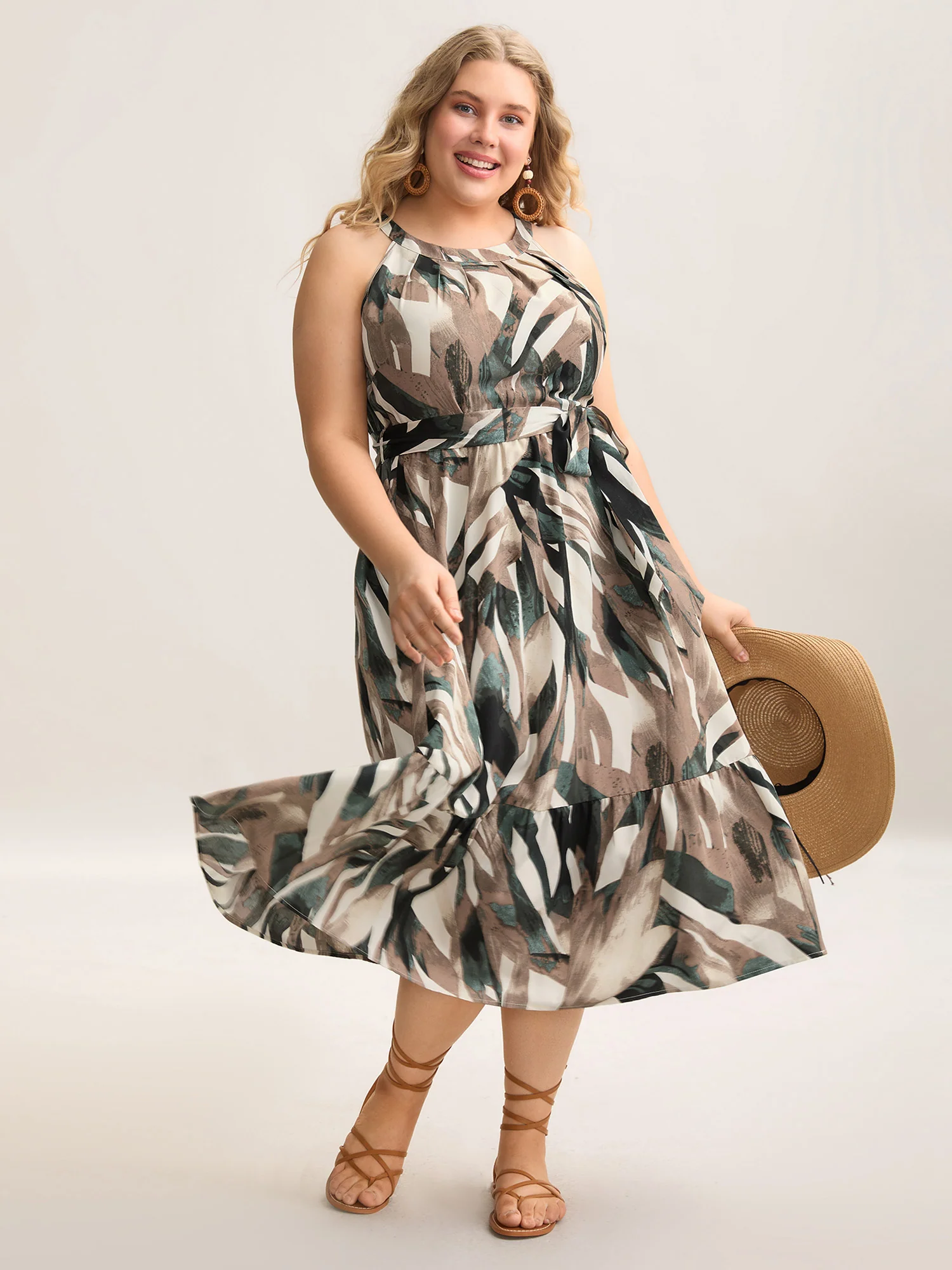 Leaf Print Halter Neck Tiered Midi Dress - Image 3