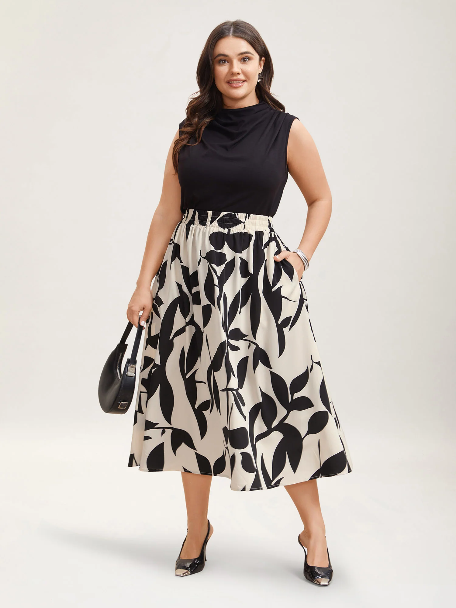 Leaf Print Stretchy-Waist Midi Skirt - Image 2