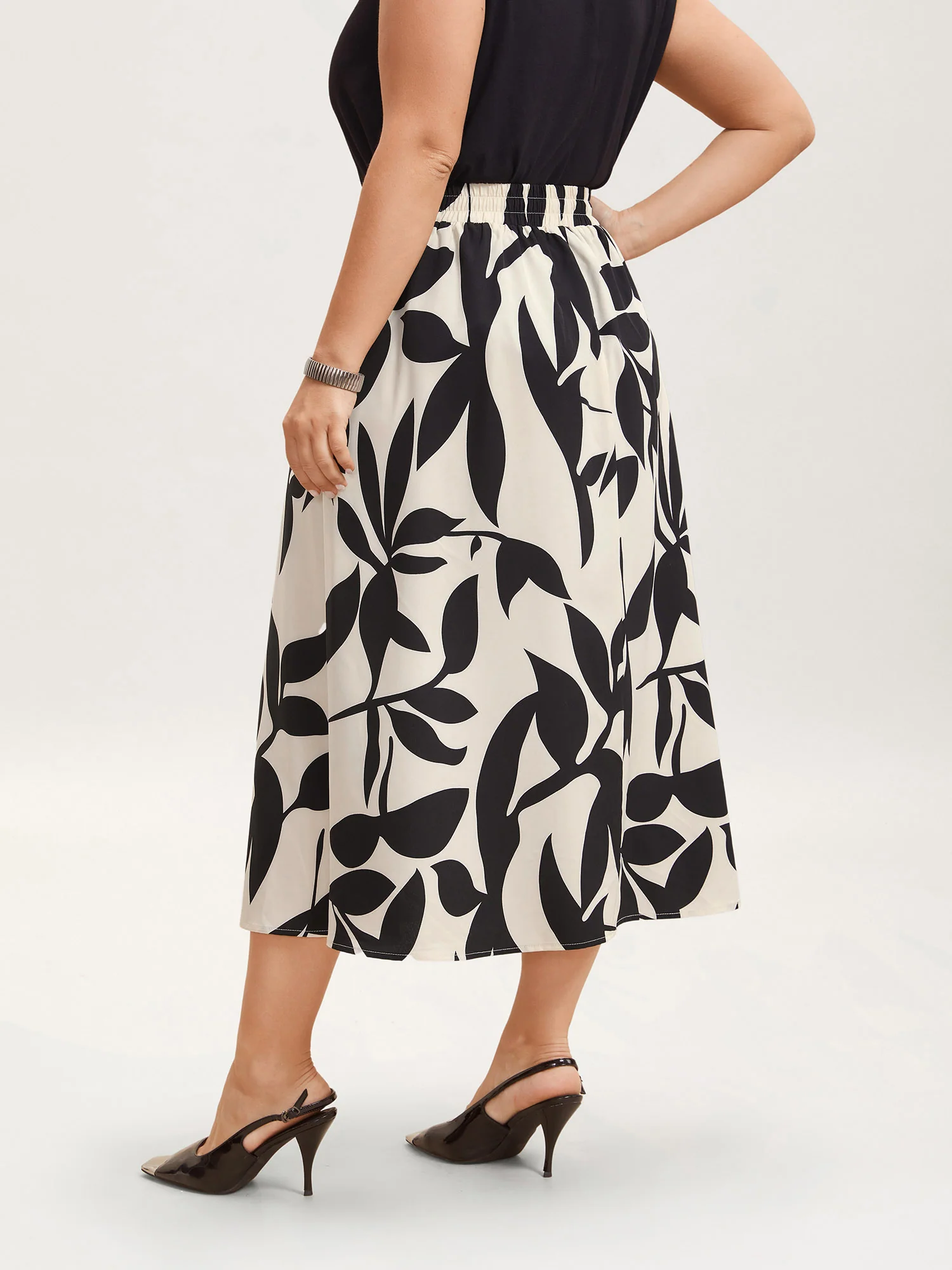 Leaf Print Stretchy-Waist Midi Skirt - Image 5