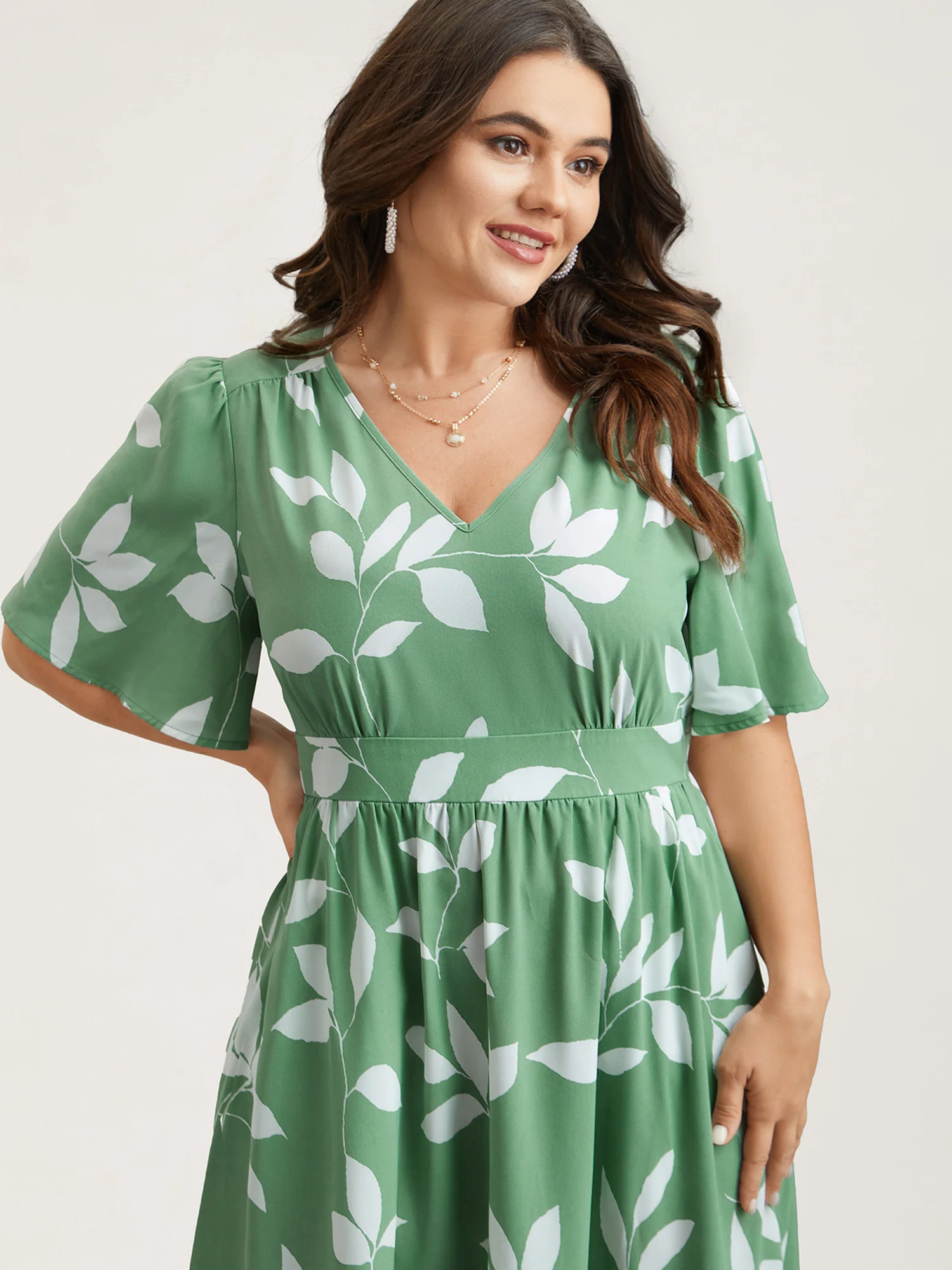 Leaf Print Waist-Cinched Flared Midi Dress