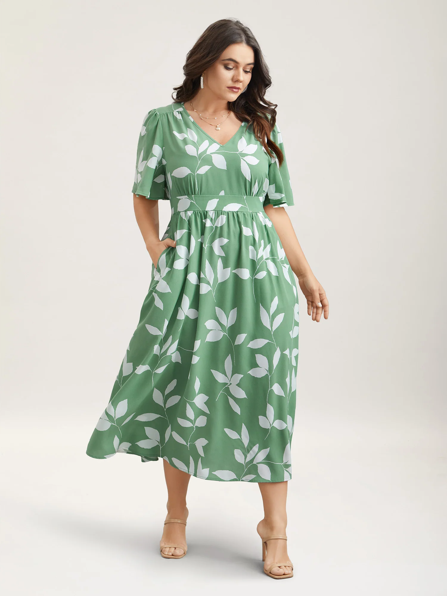 Leaf Print Waist-Cinched Flared Midi Dress - Image 2