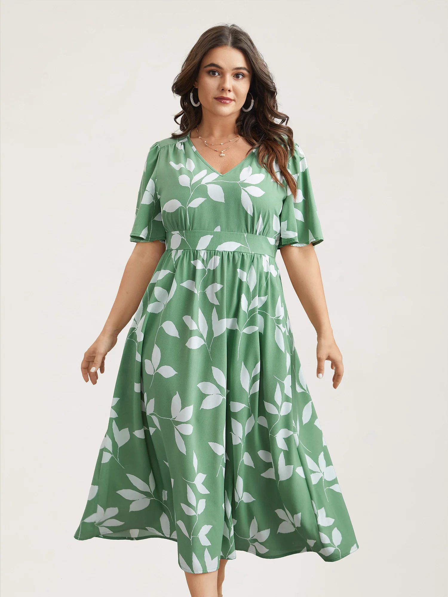 Leaf Print Waist-Cinched Flared Midi Dress - Image 3