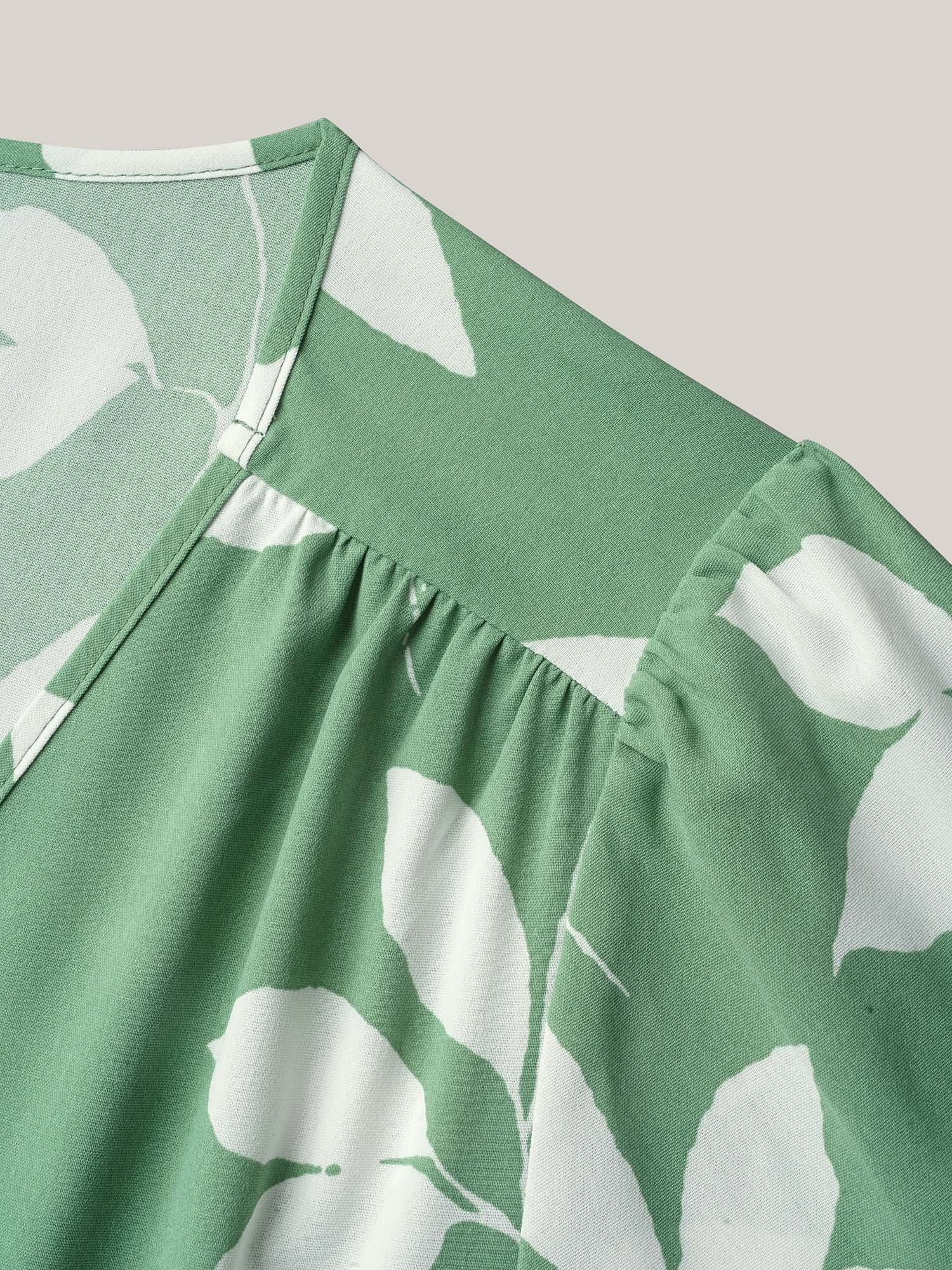 Leaf Print Waist-Cinched Flared Midi Dress - Image 6