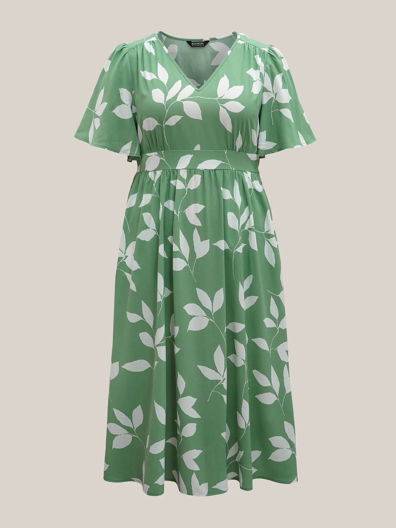 Leaf Print Waist-Cinched Flared Midi Dress - Image 7