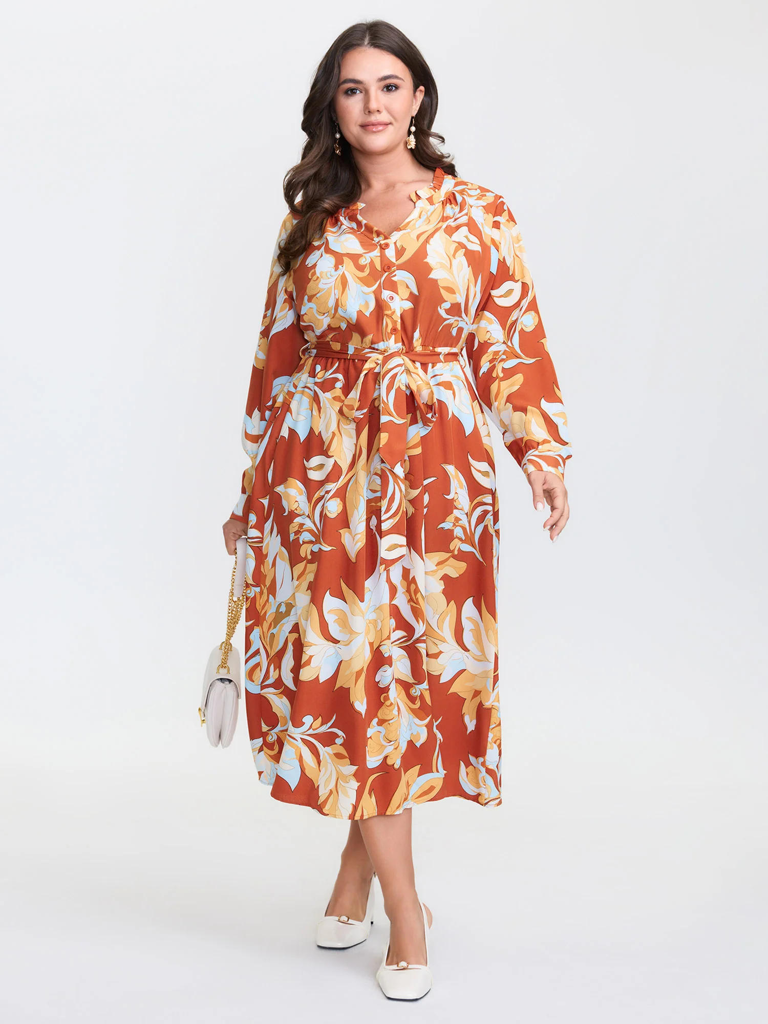 Leaf Print Waist-Defining Ruffled Neck Midi Dress - Image 3